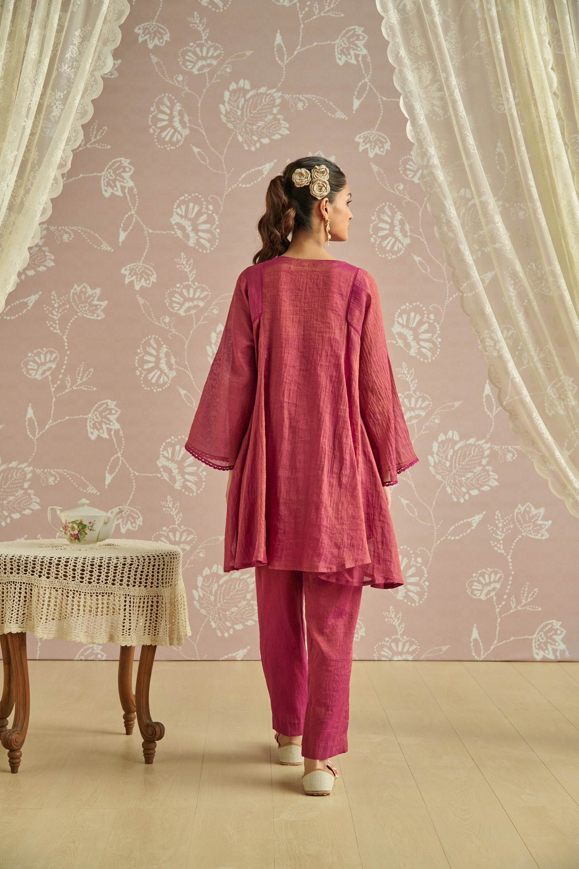 Magenta Tissue Hand Embroidered Co-Ord Set