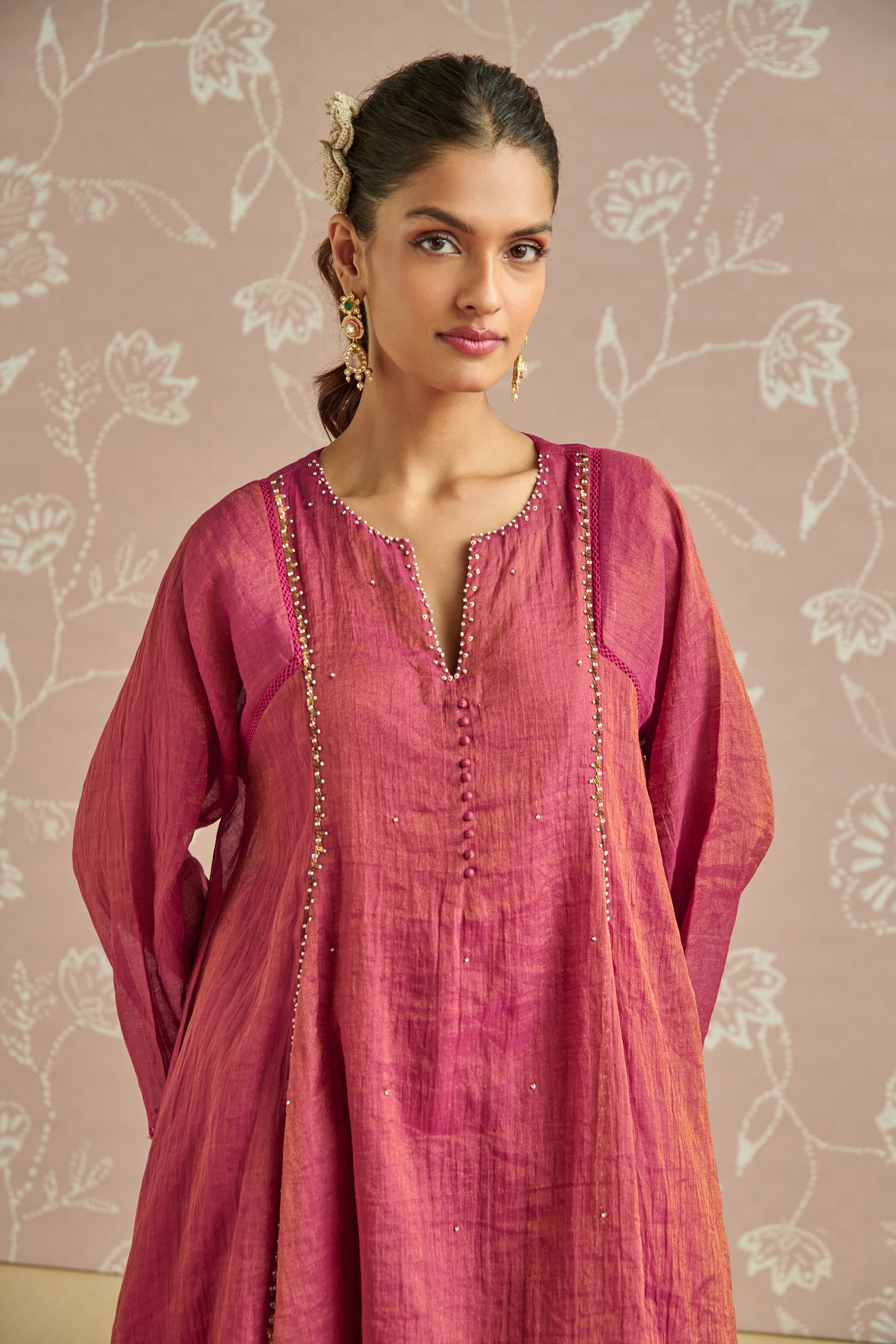 Magenta Tissue Hand Embroidered Co-Ord Set