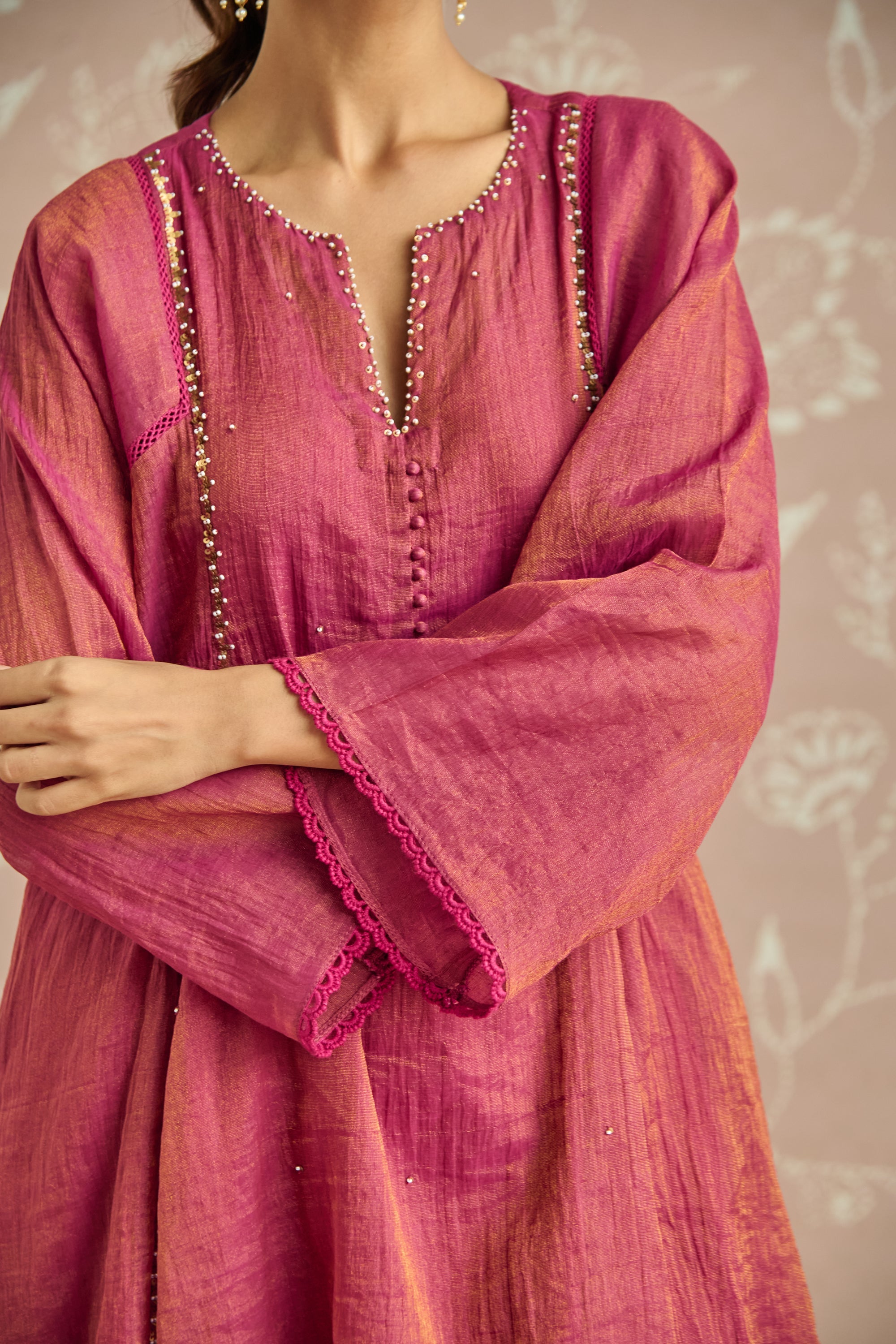 Magenta Tissue Hand Embroidered Co-Ord Set