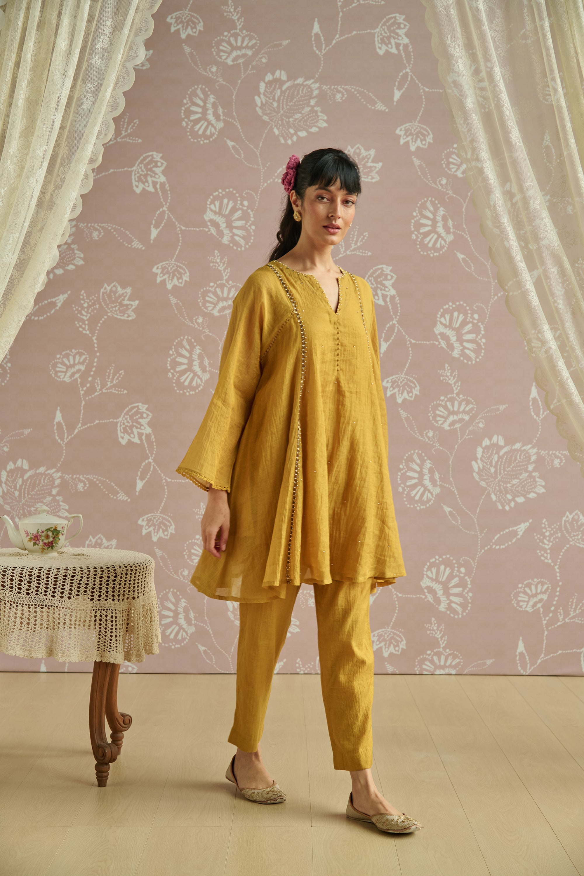 Mustard Tissue Hand Embroidered Co-Ord Set