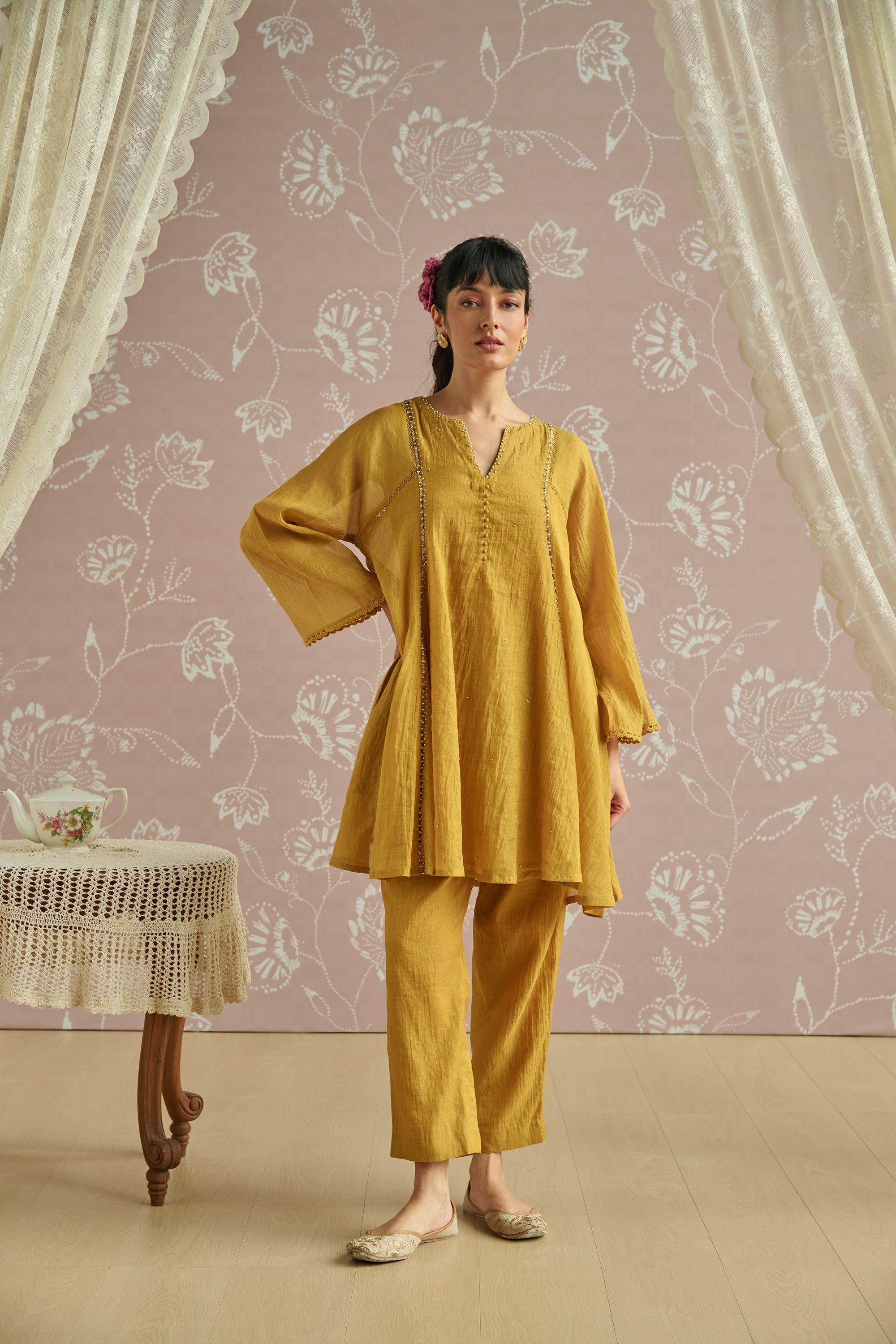Mustard Tissue Hand Embroidered Co-Ord Set