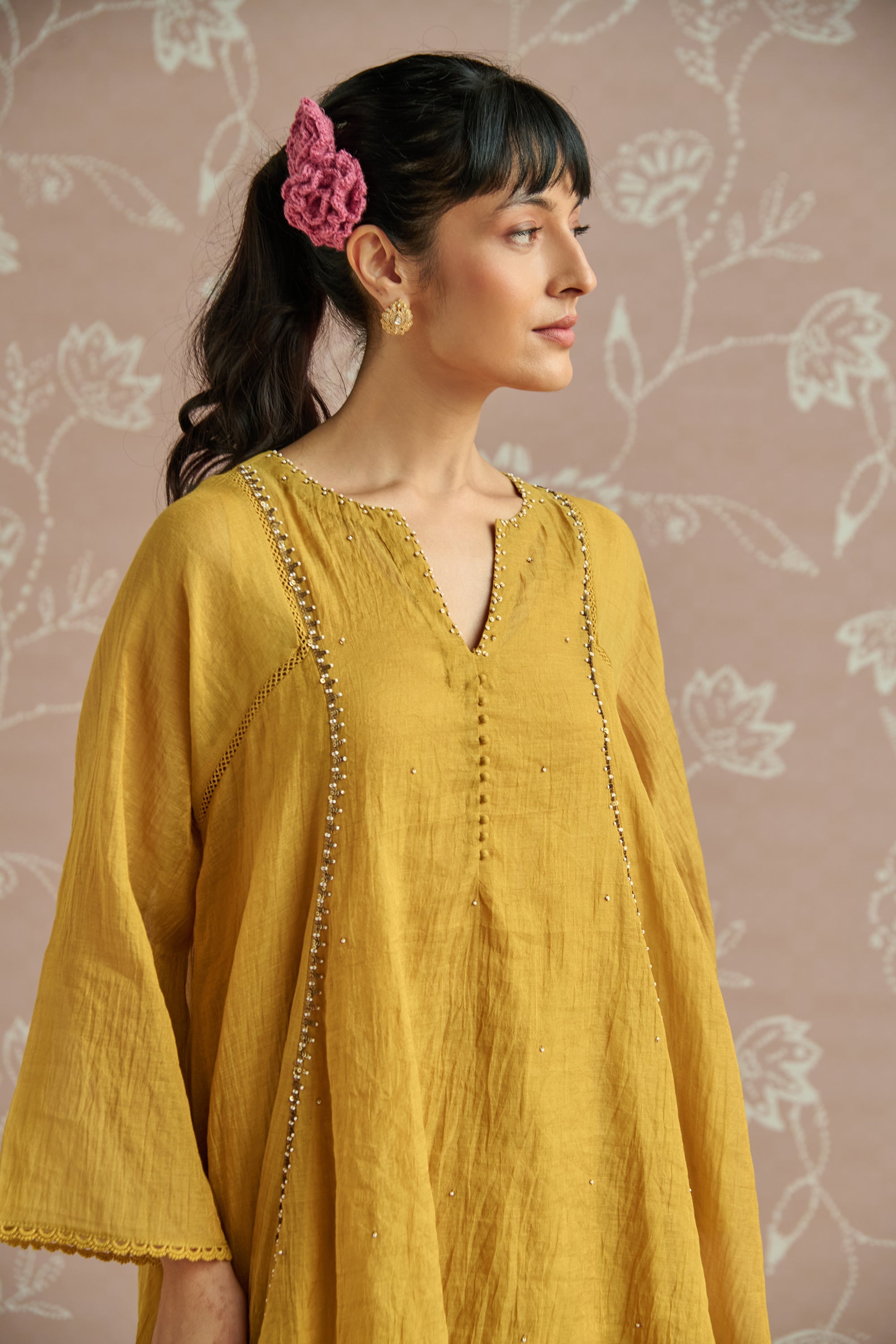 Mustard Tissue Hand Embroidered Co-Ord Set