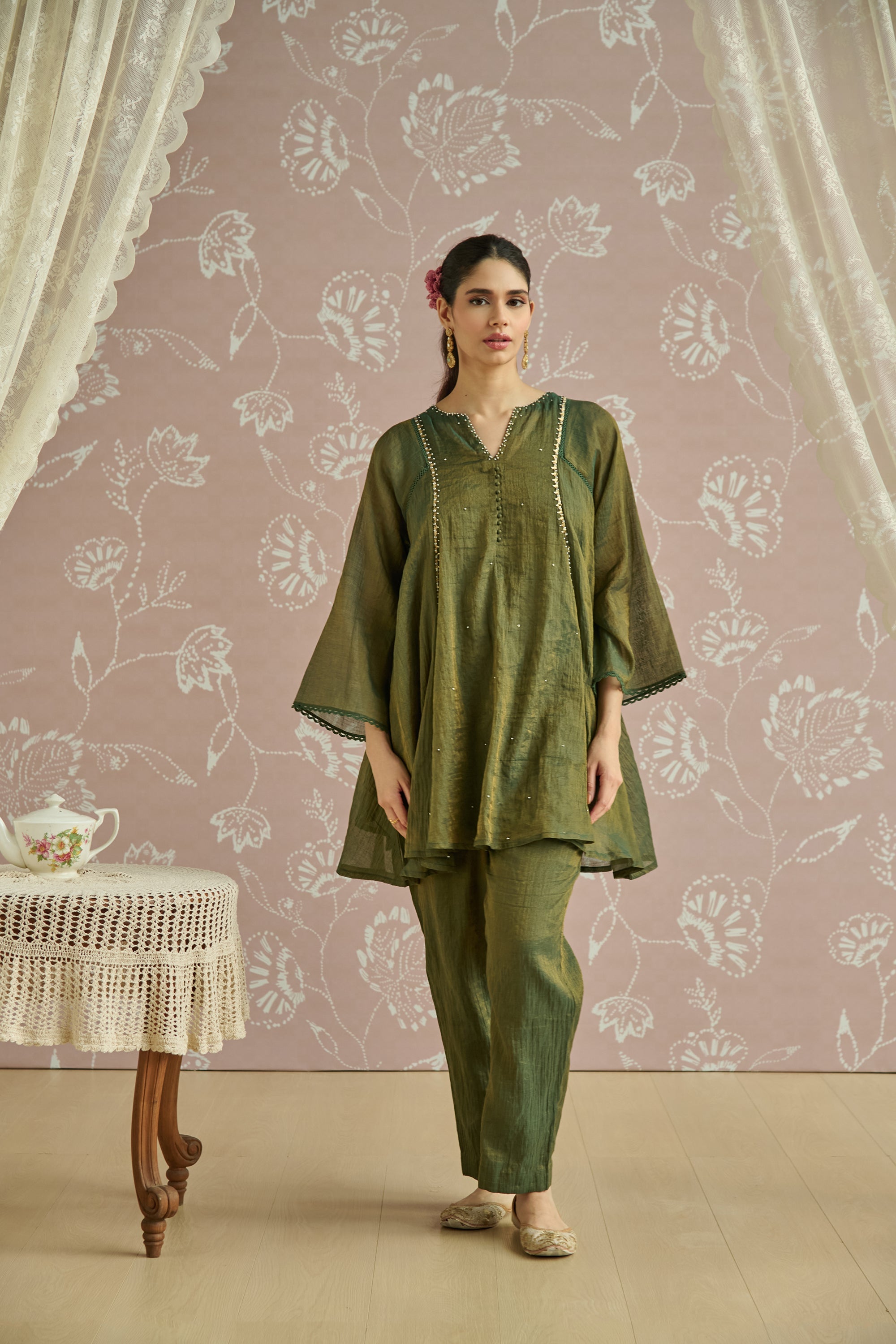 Teal Tissue Hand Embroidered Co-Ord Set