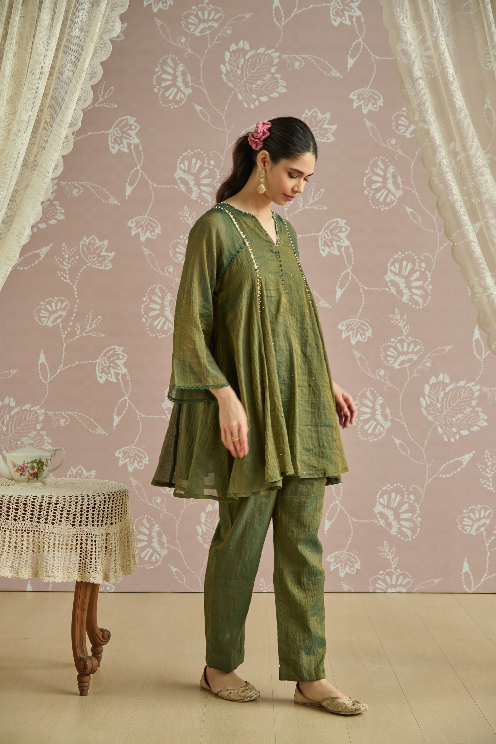 Teal Tissue Hand Embroidered Co-Ord Set