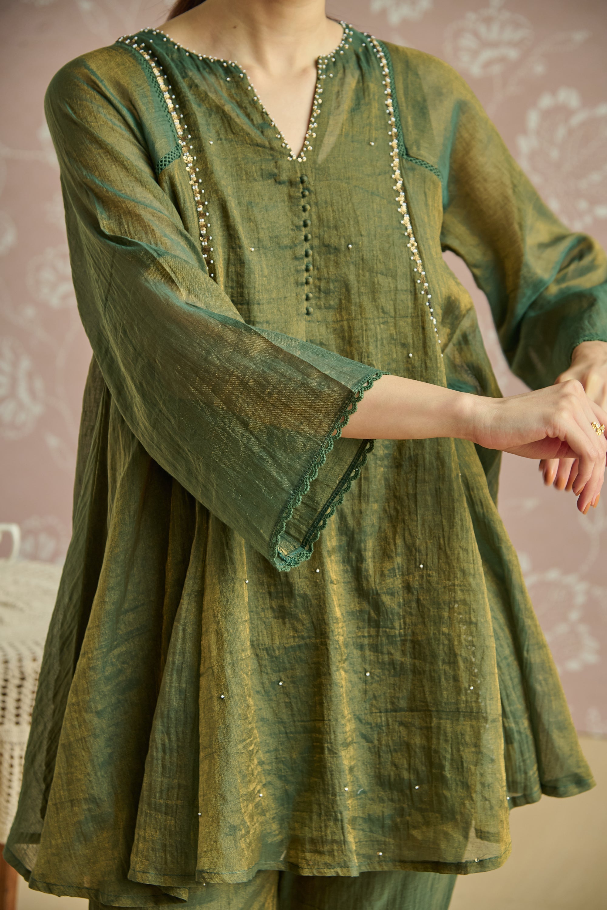 Teal Tissue Hand Embroidered Co-Ord Set