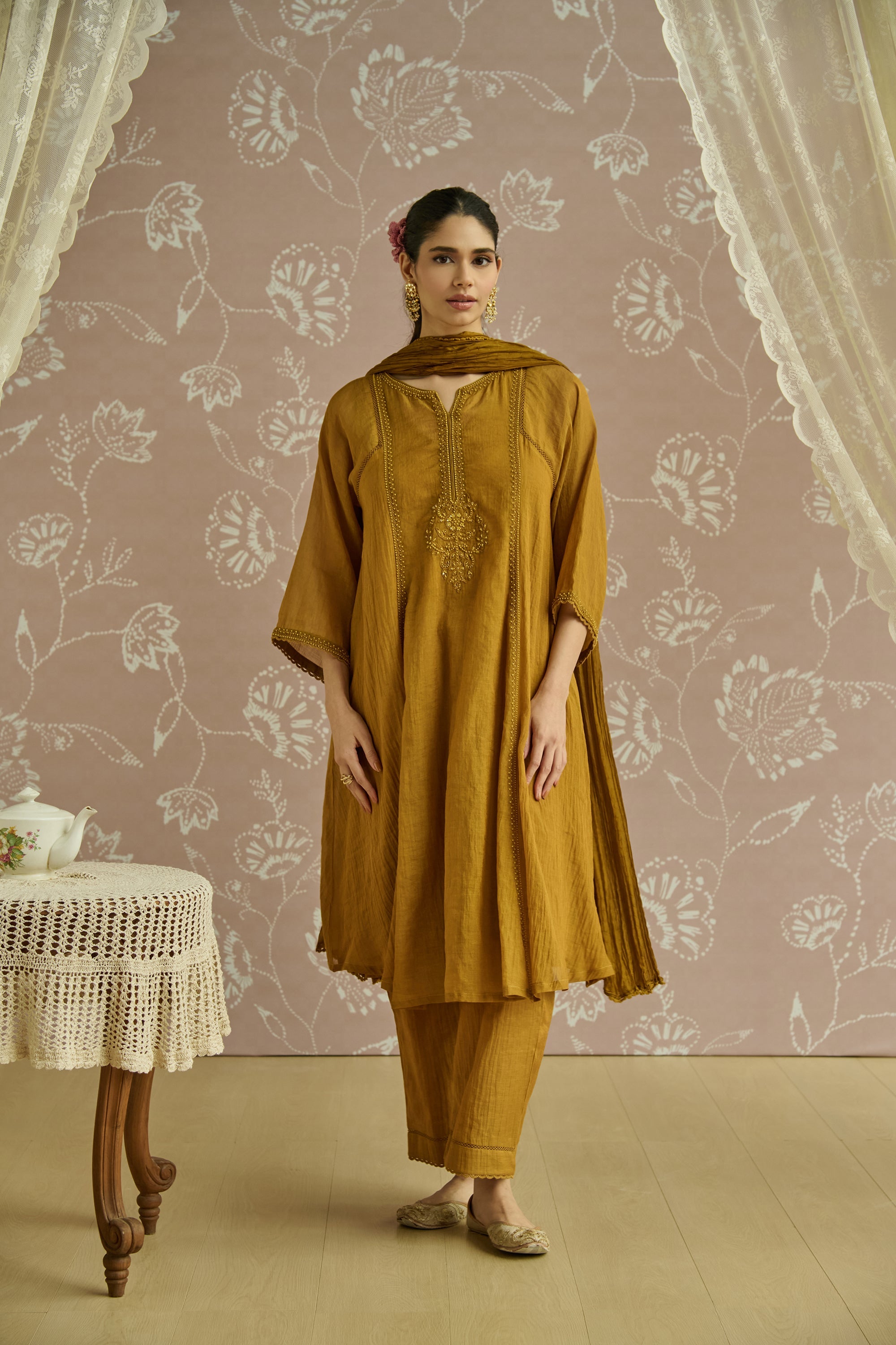 Mustard Hand Embroidered Tissue Kurta Set