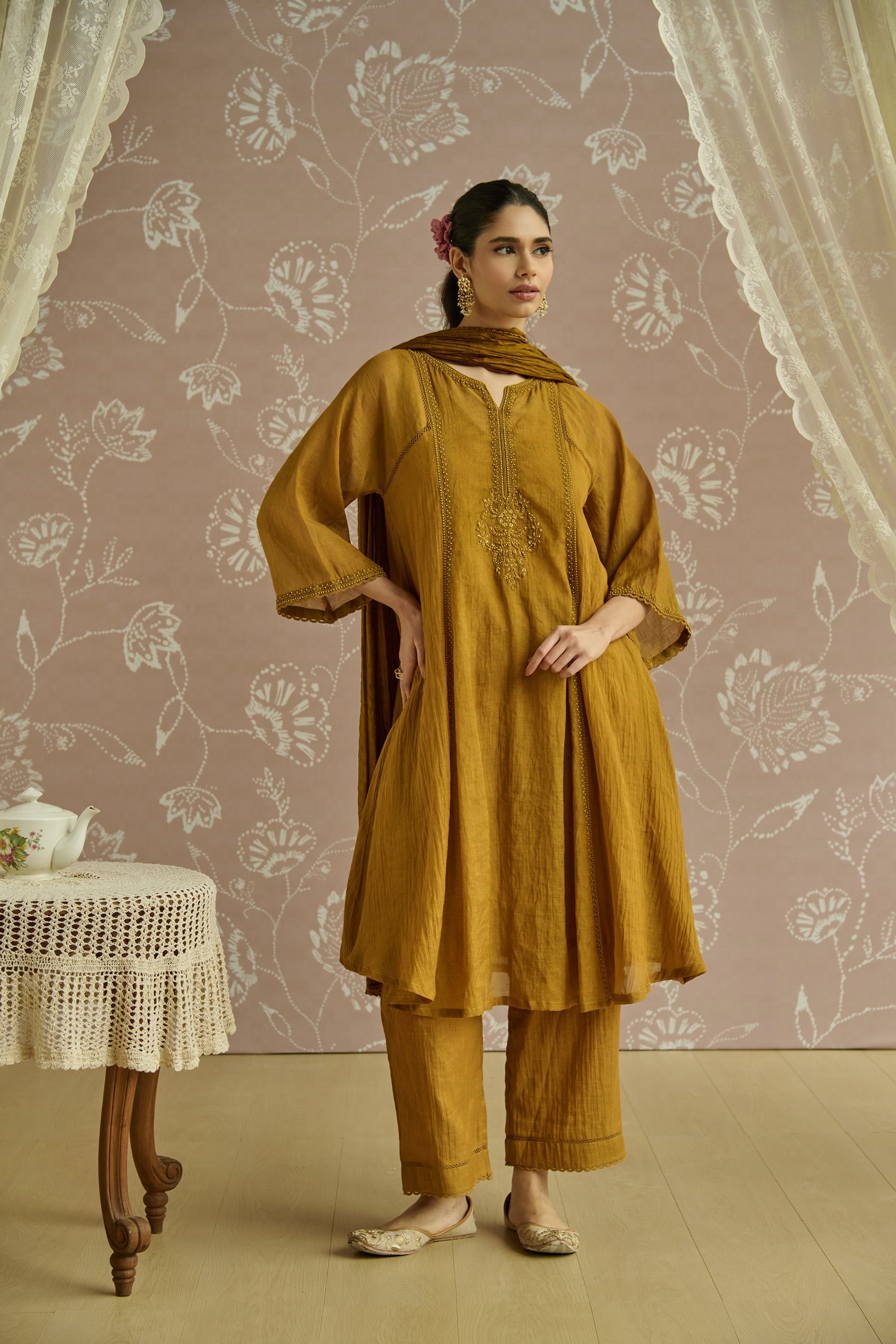 Mustard Hand Embroidered Tissue Kurta Set