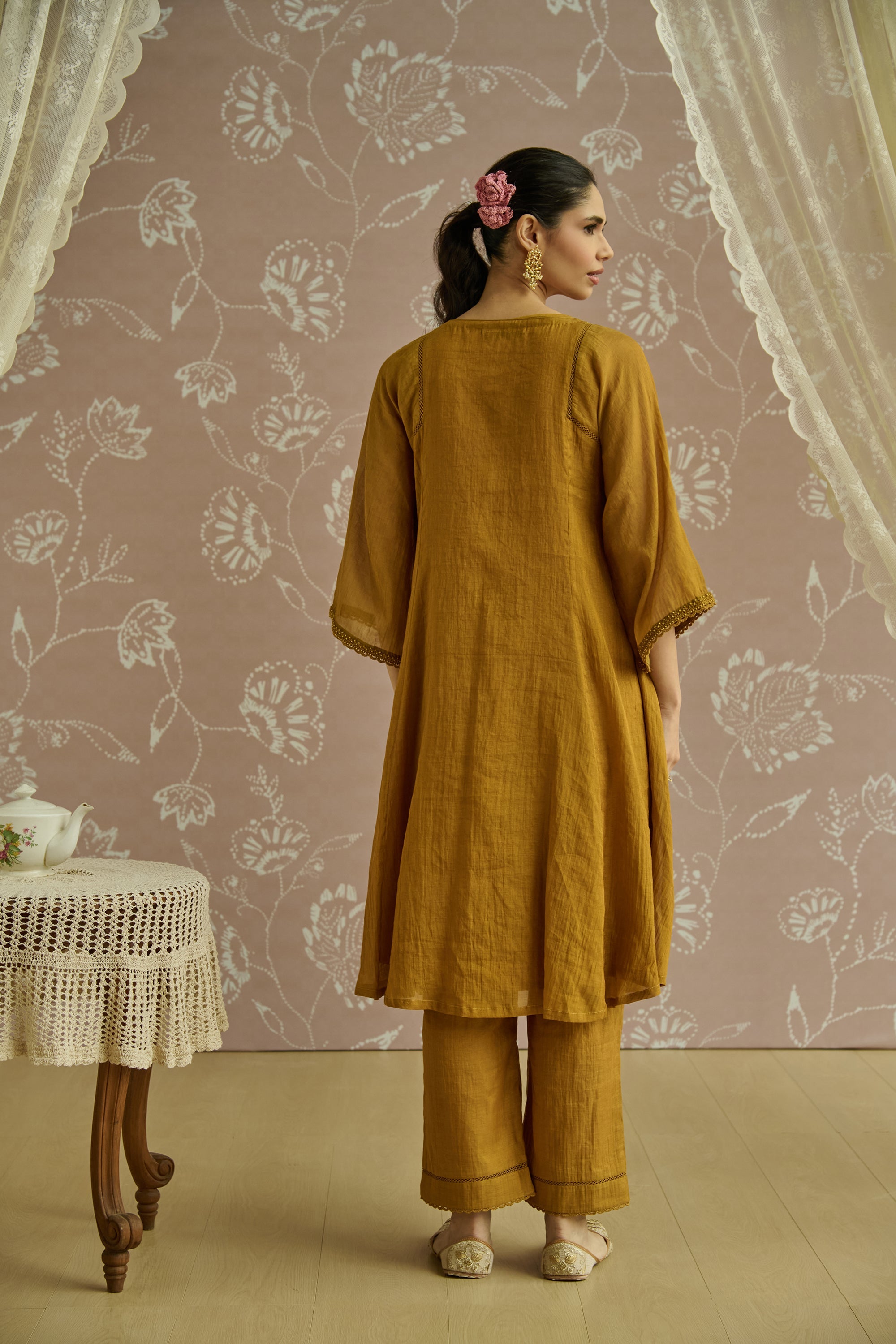 Mustard Hand Embroidered Tissue Kurta Set