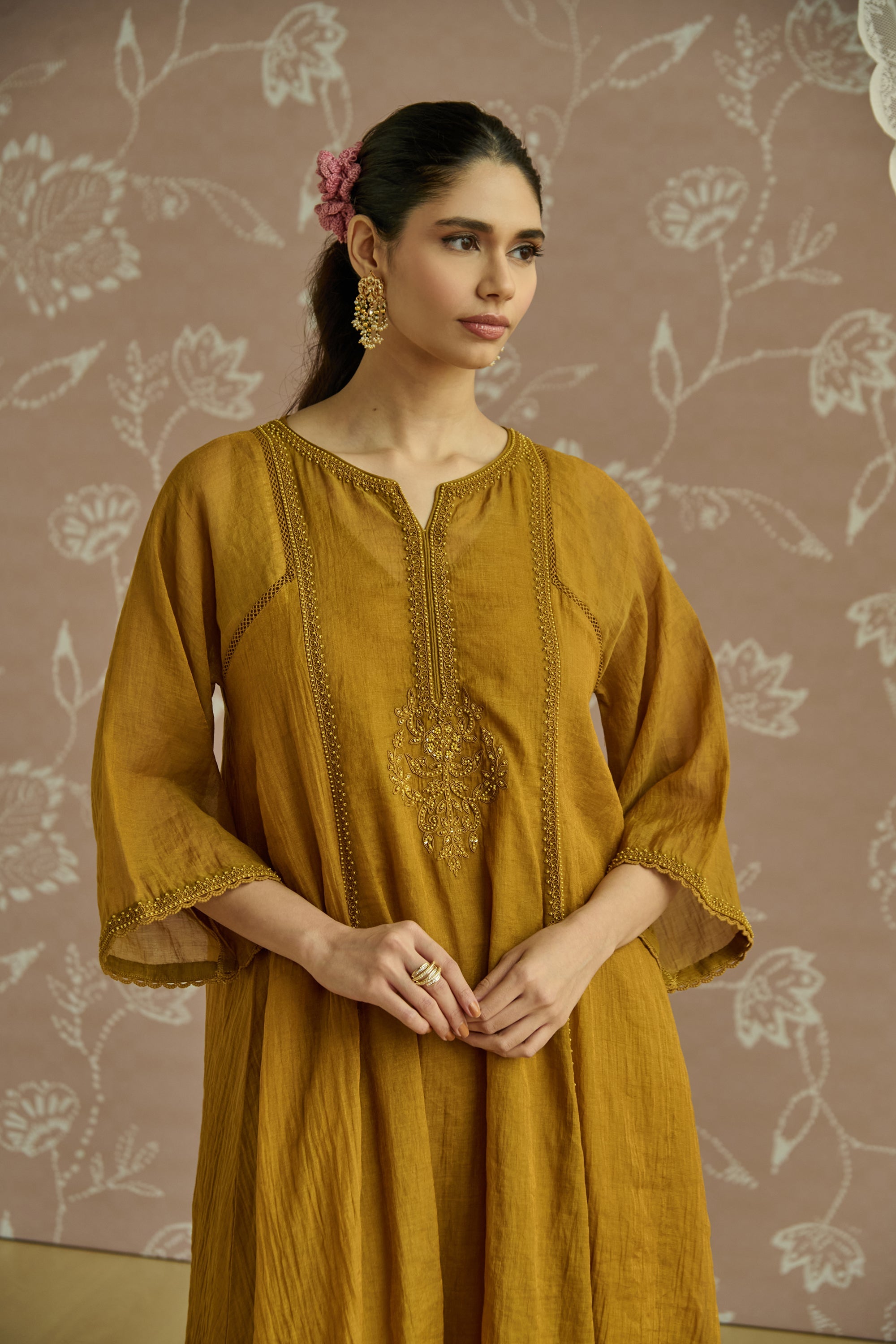 Mustard Hand Embroidered Tissue Kurta Set