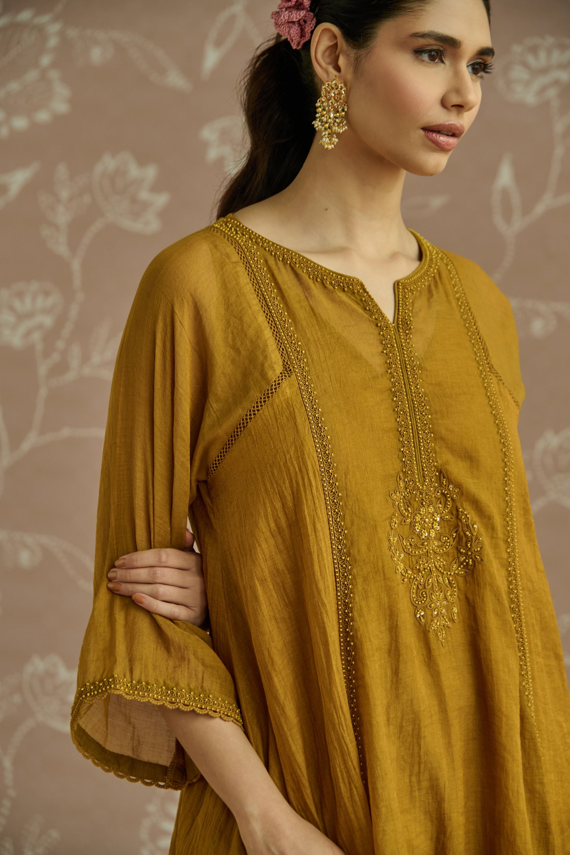Mustard Hand Embroidered Tissue Kurta Set