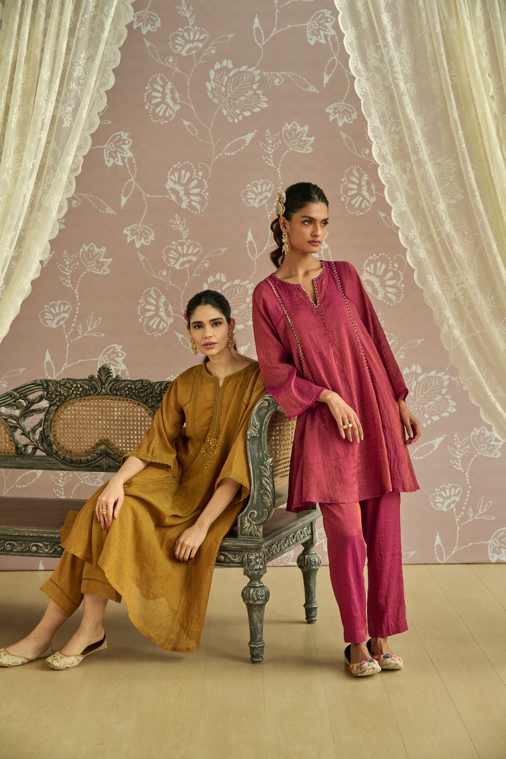 Mustard Hand Embroidered Tissue Kurta Set