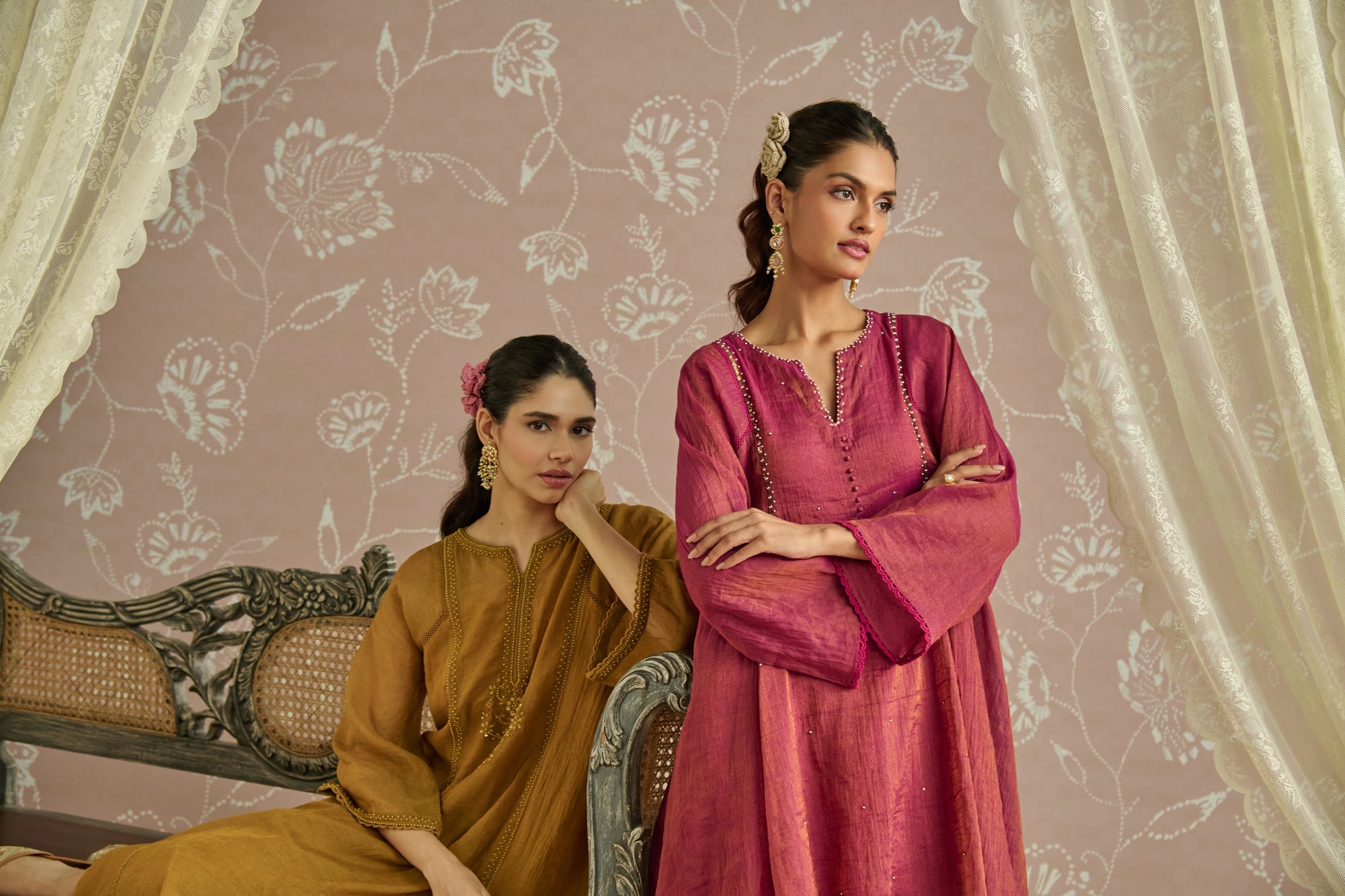 Mustard Hand Embroidered Tissue Kurta Set