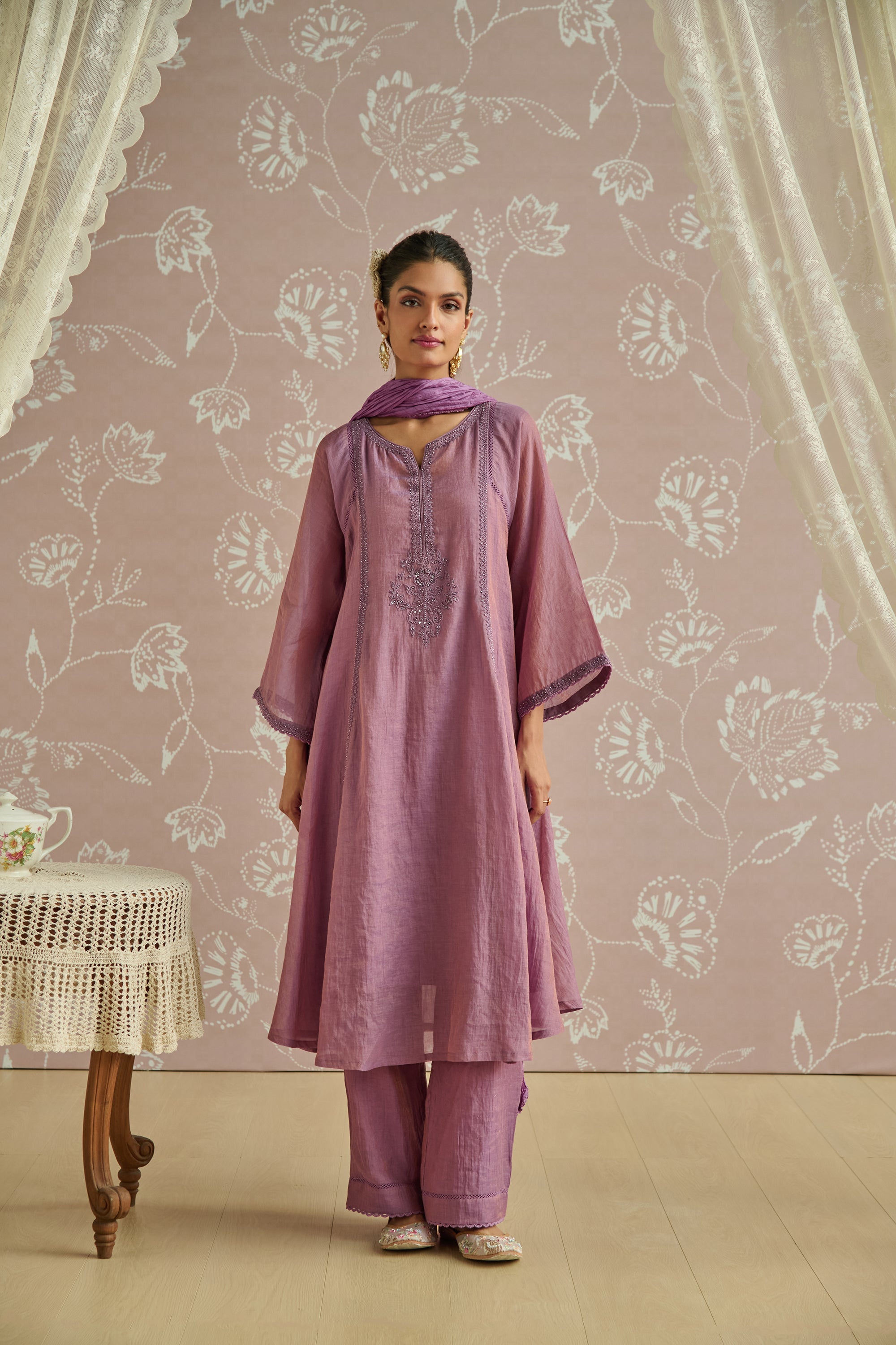 Lilac Hand Embroidered Tissue Kurta Set