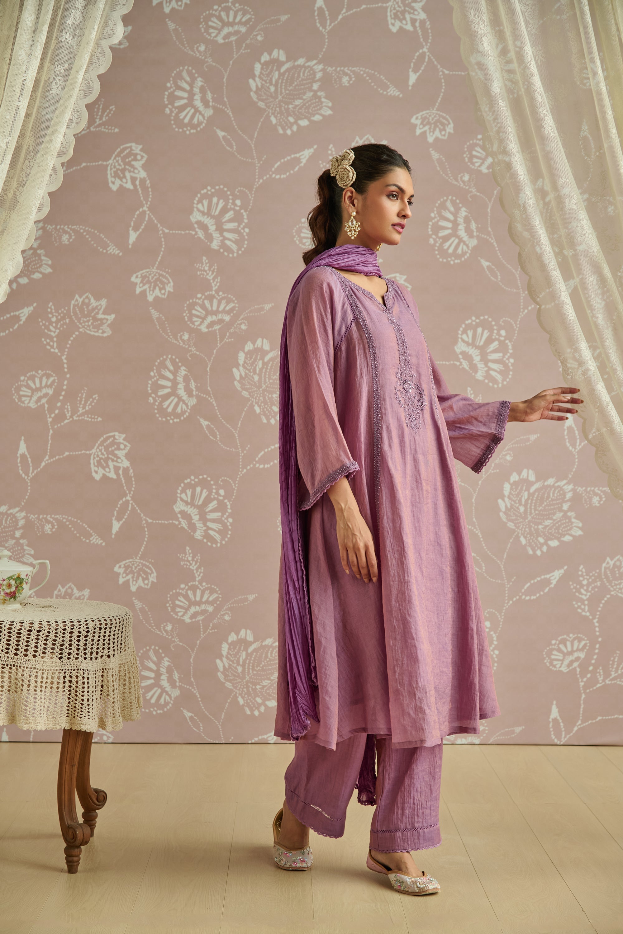 Lilac Hand Embroidered Tissue Kurta Set