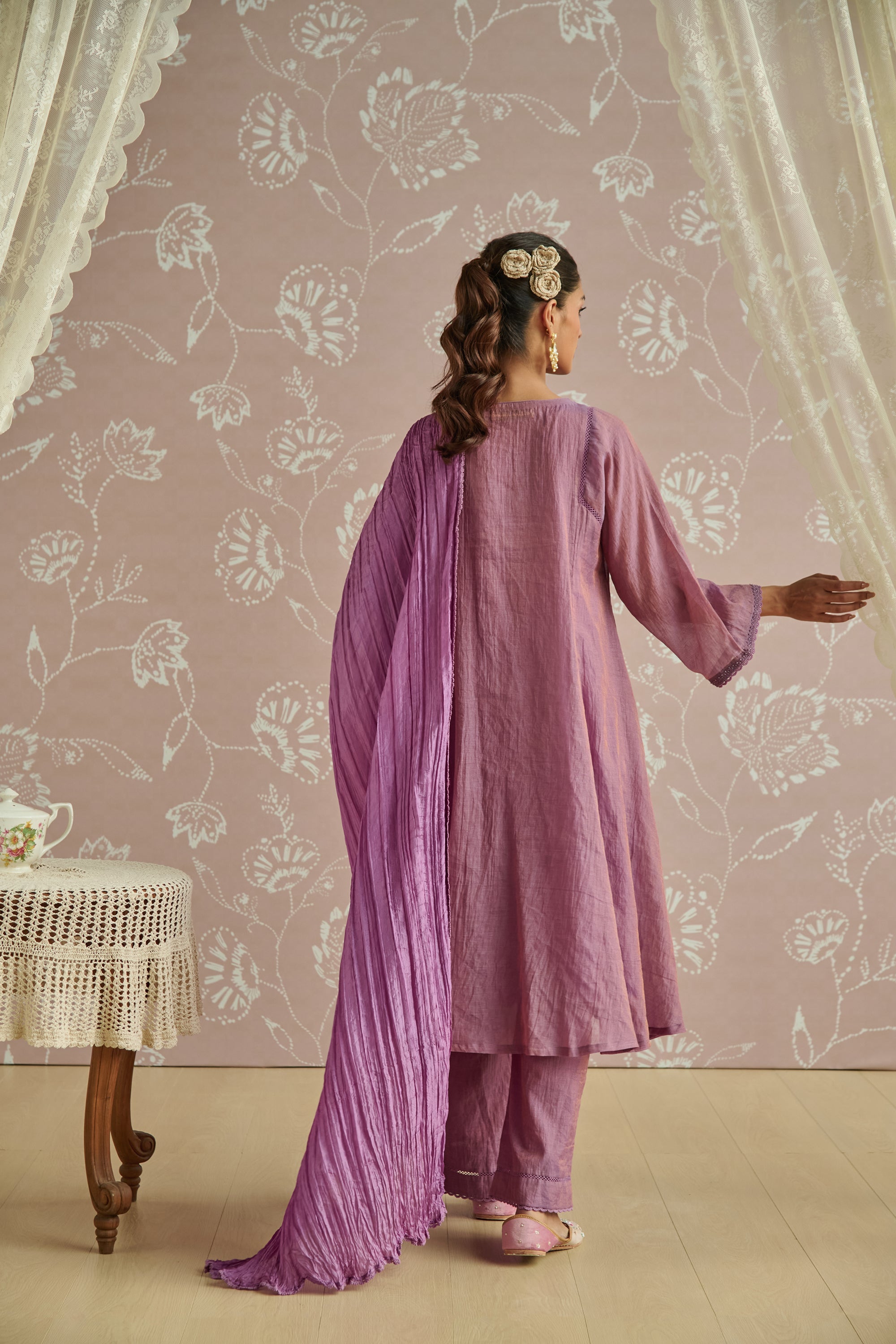 Lilac Hand Embroidered Tissue Kurta Set