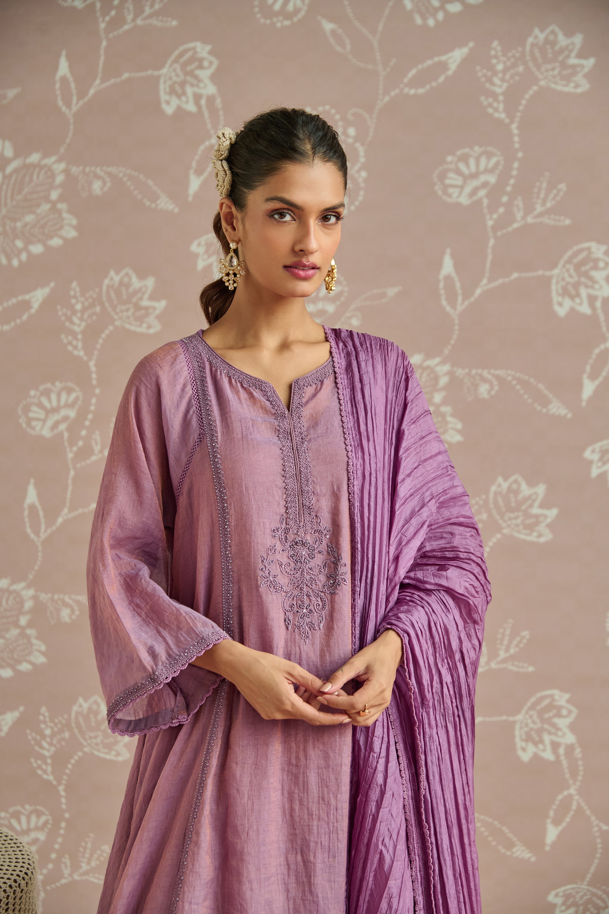 Lilac Hand Embroidered Tissue Kurta Set