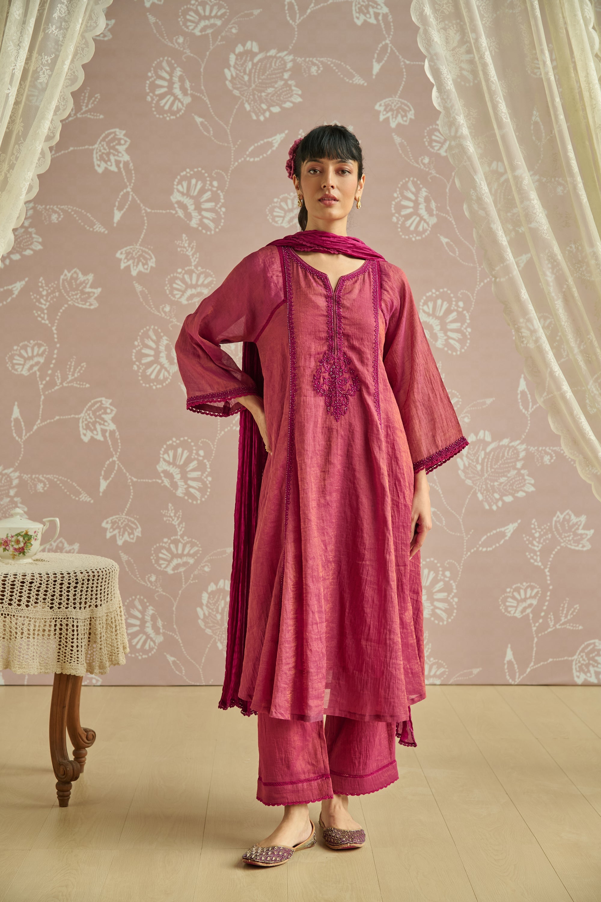 Magenta Hand Embroidered Tissue Kurta Set