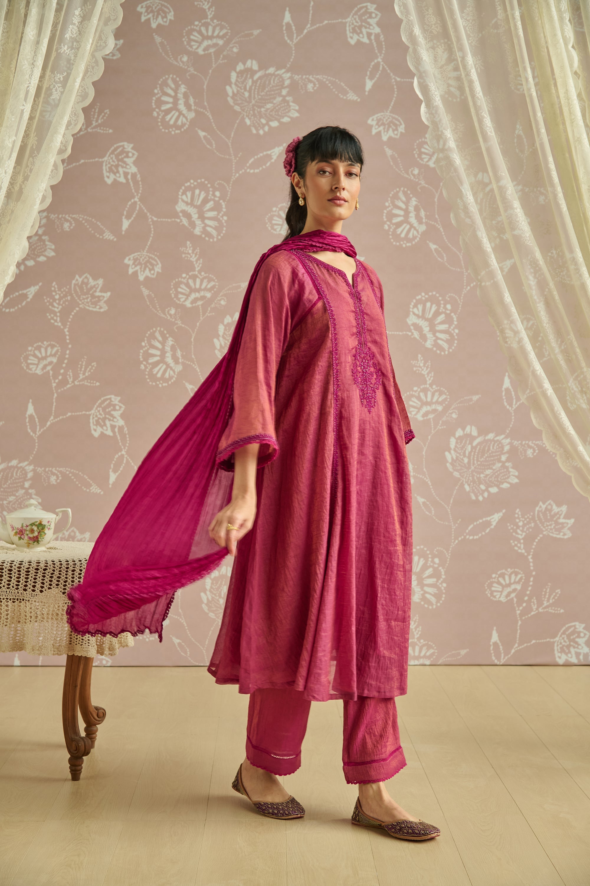 Magenta Hand Embroidered Tissue Kurta Set