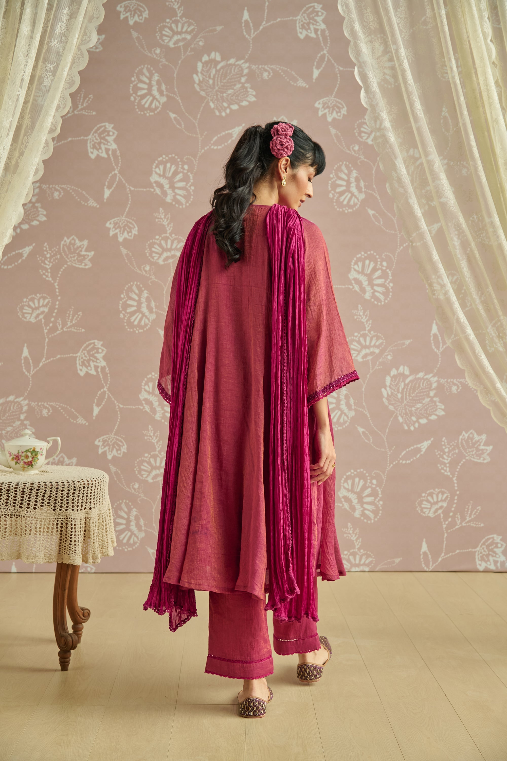 Magenta Hand Embroidered Tissue Kurta Set
