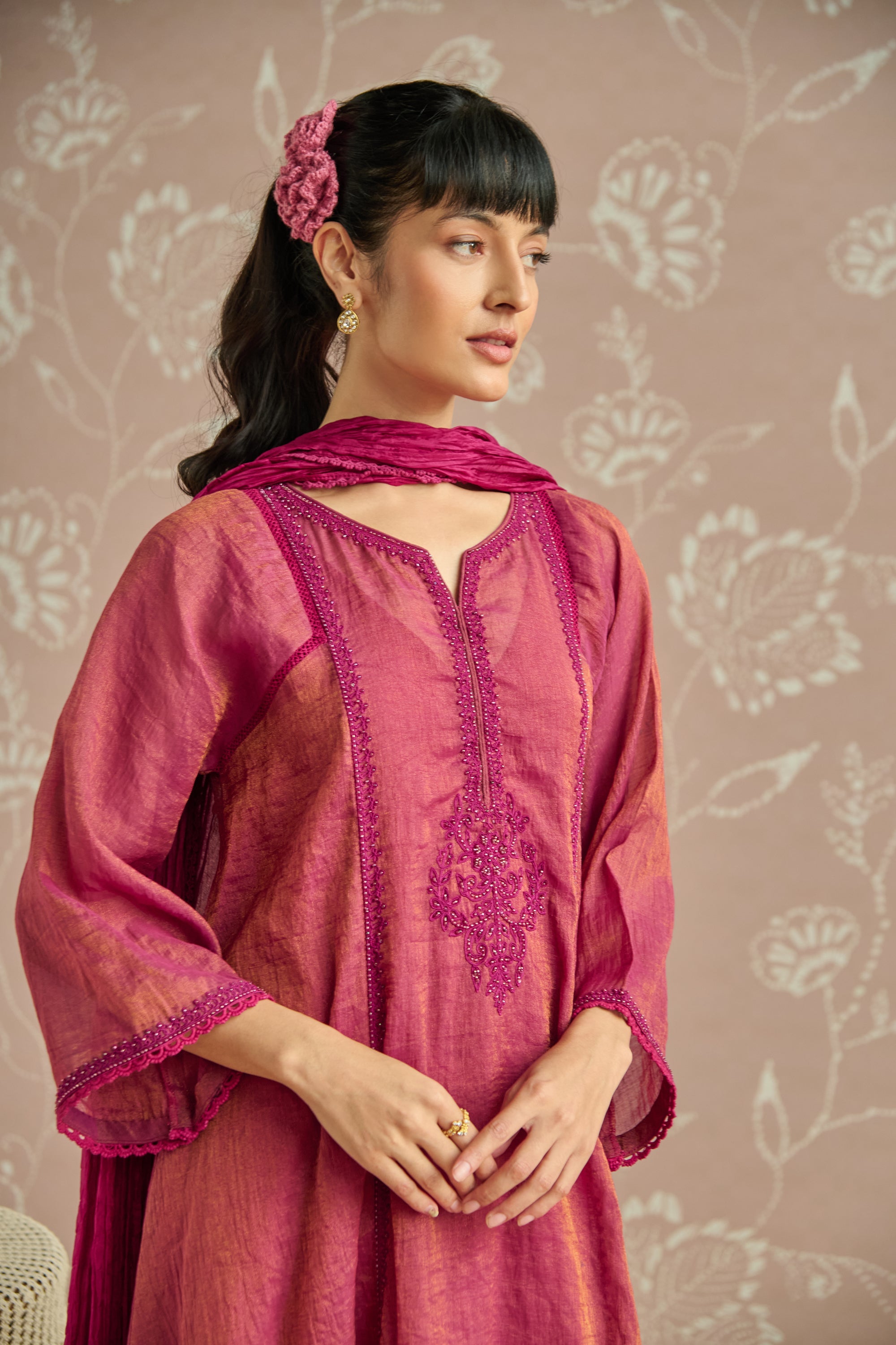Magenta Hand Embroidered Tissue Kurta Set