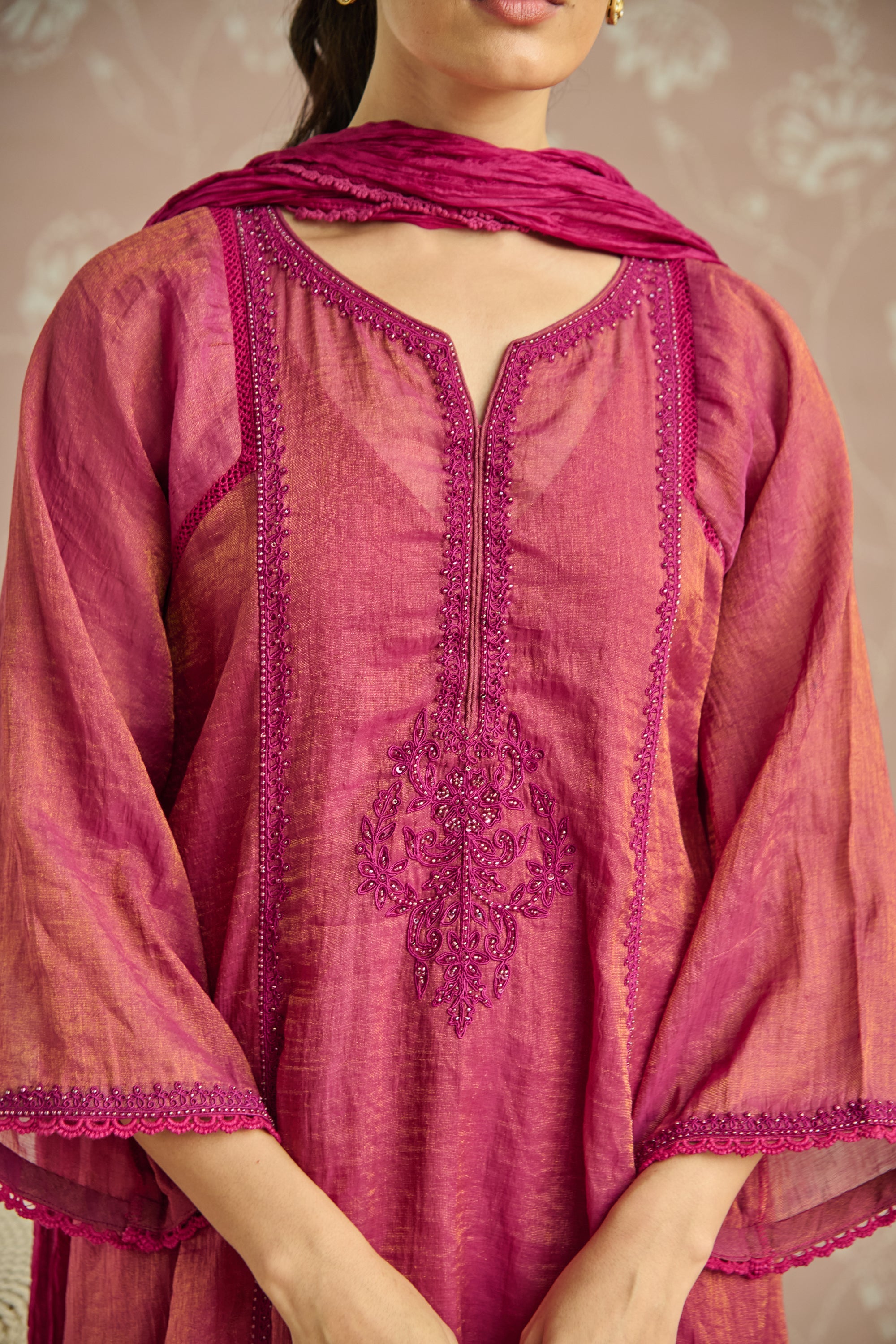 Magenta Hand Embroidered Tissue Kurta Set