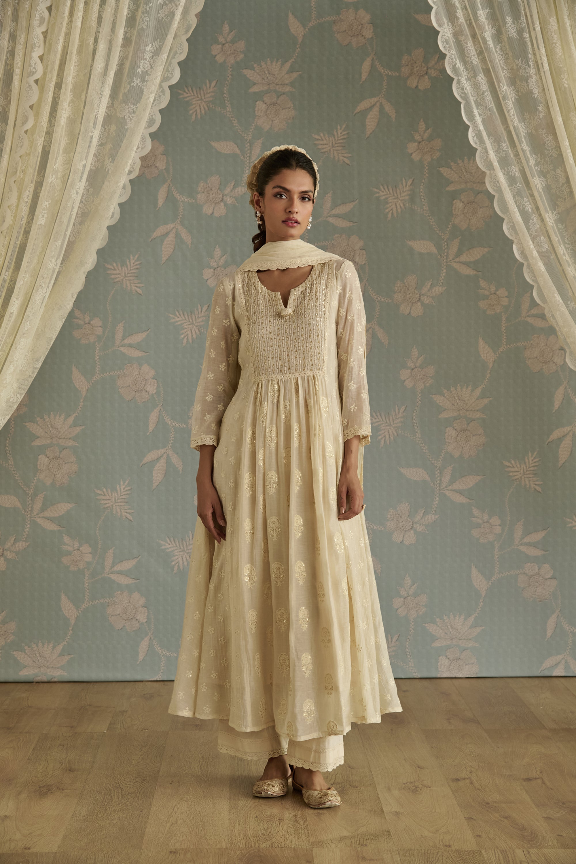 Ivory Floral Motif Embroidered A-Line Kurta Set