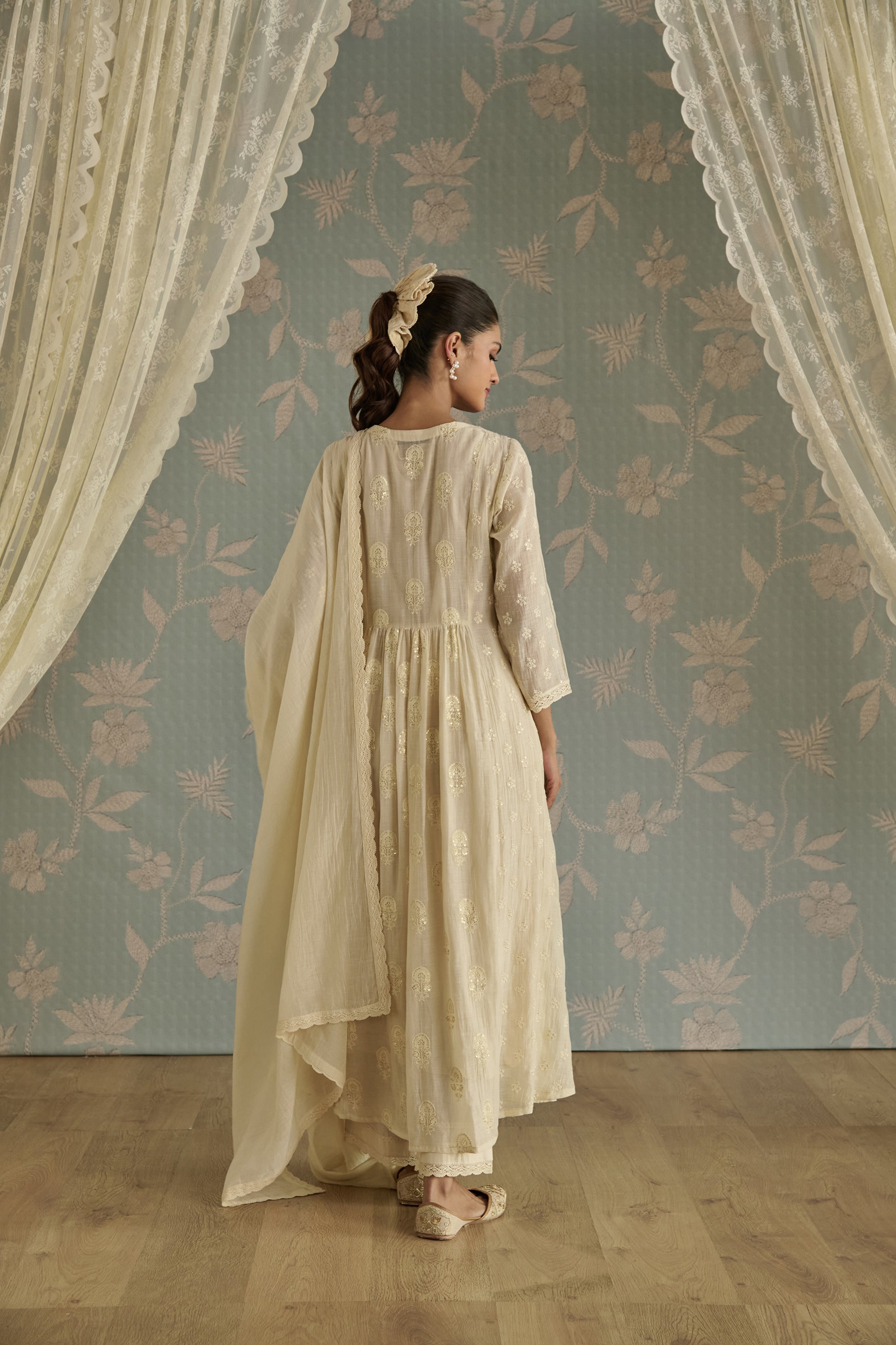 Ivory Floral Motif Embroidered A-Line Kurta Set