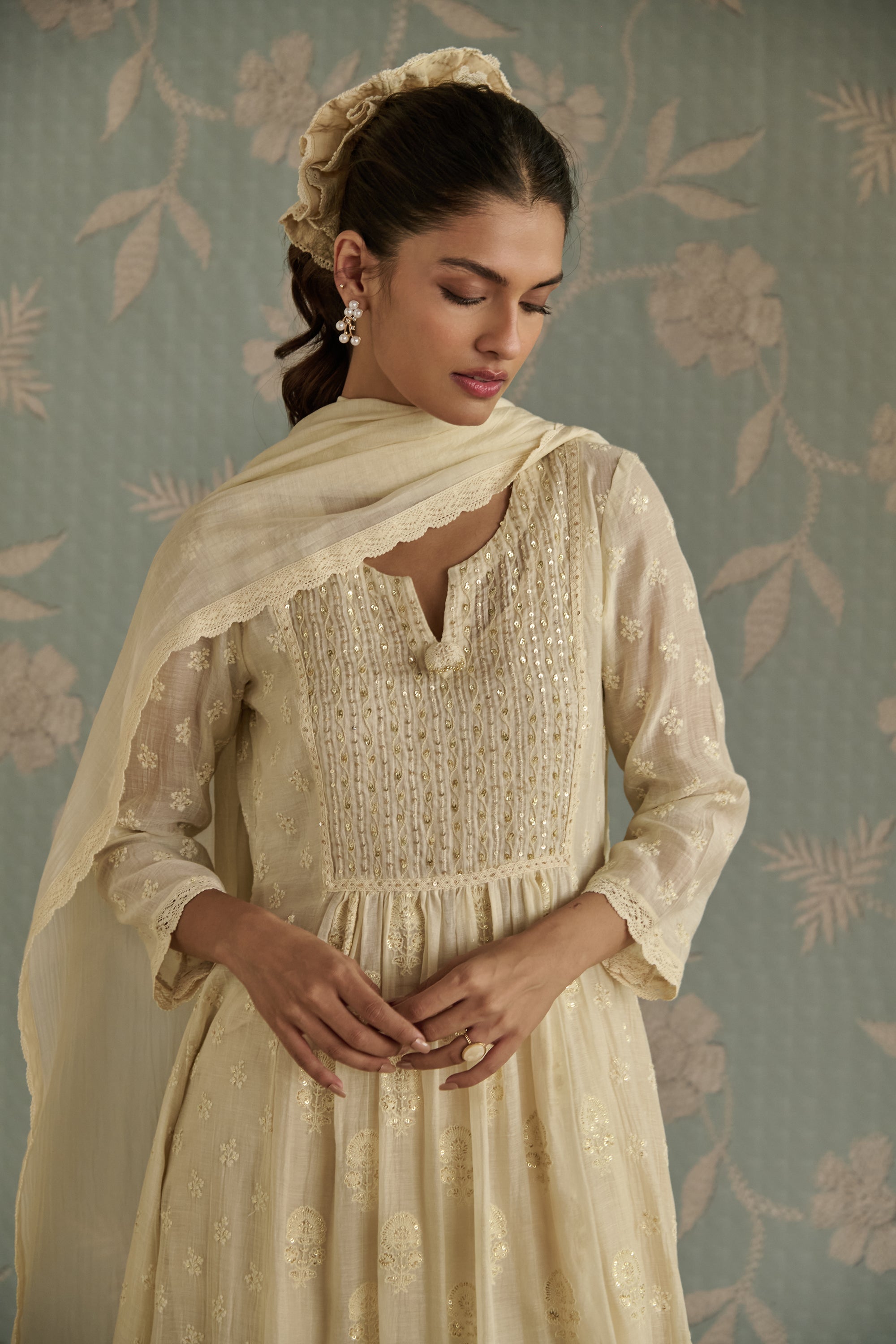 Ivory Floral Motif Embroidered A-Line Kurta Set