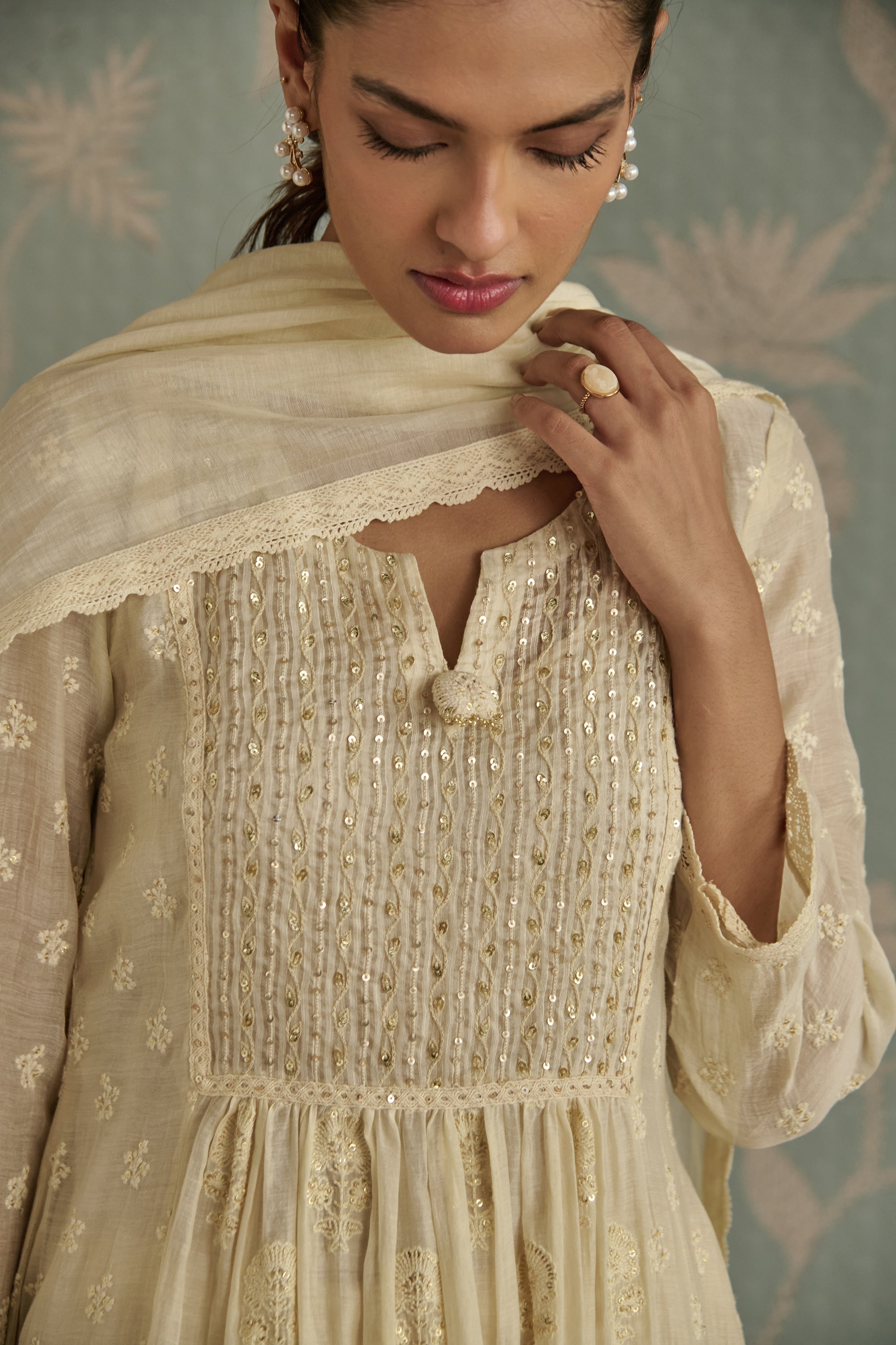 Ivory Floral Motif Embroidered A-Line Kurta Set