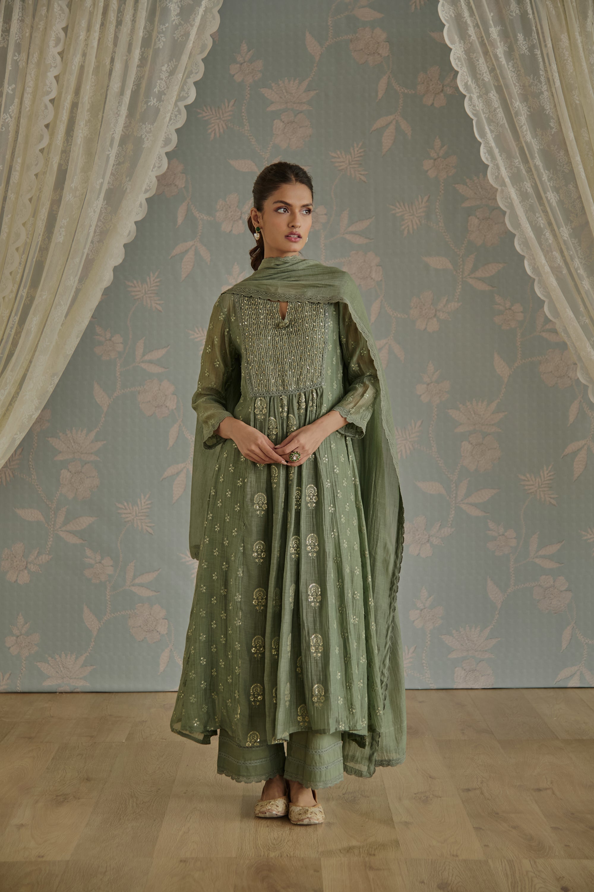 Green Floral Motif Embroidered A-Line Kurta Set
