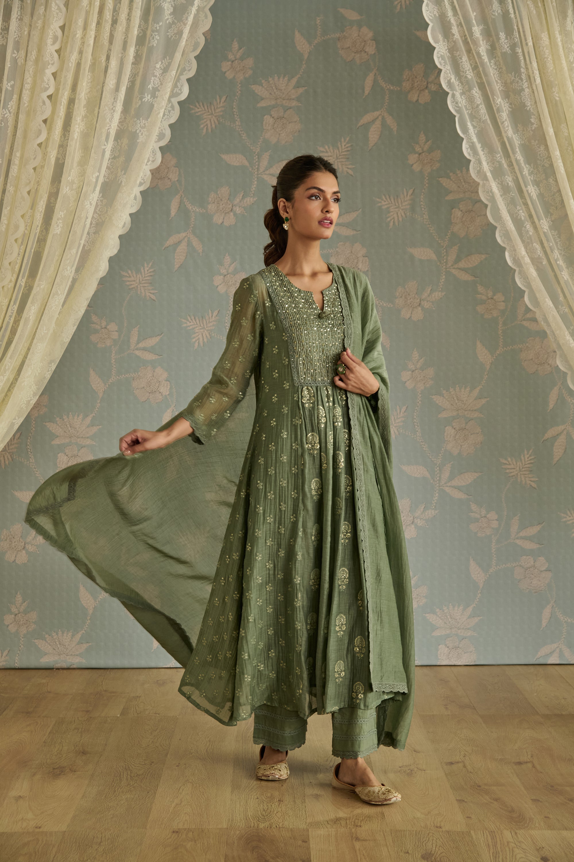 Green Floral Motif Embroidered A-Line Kurta Set