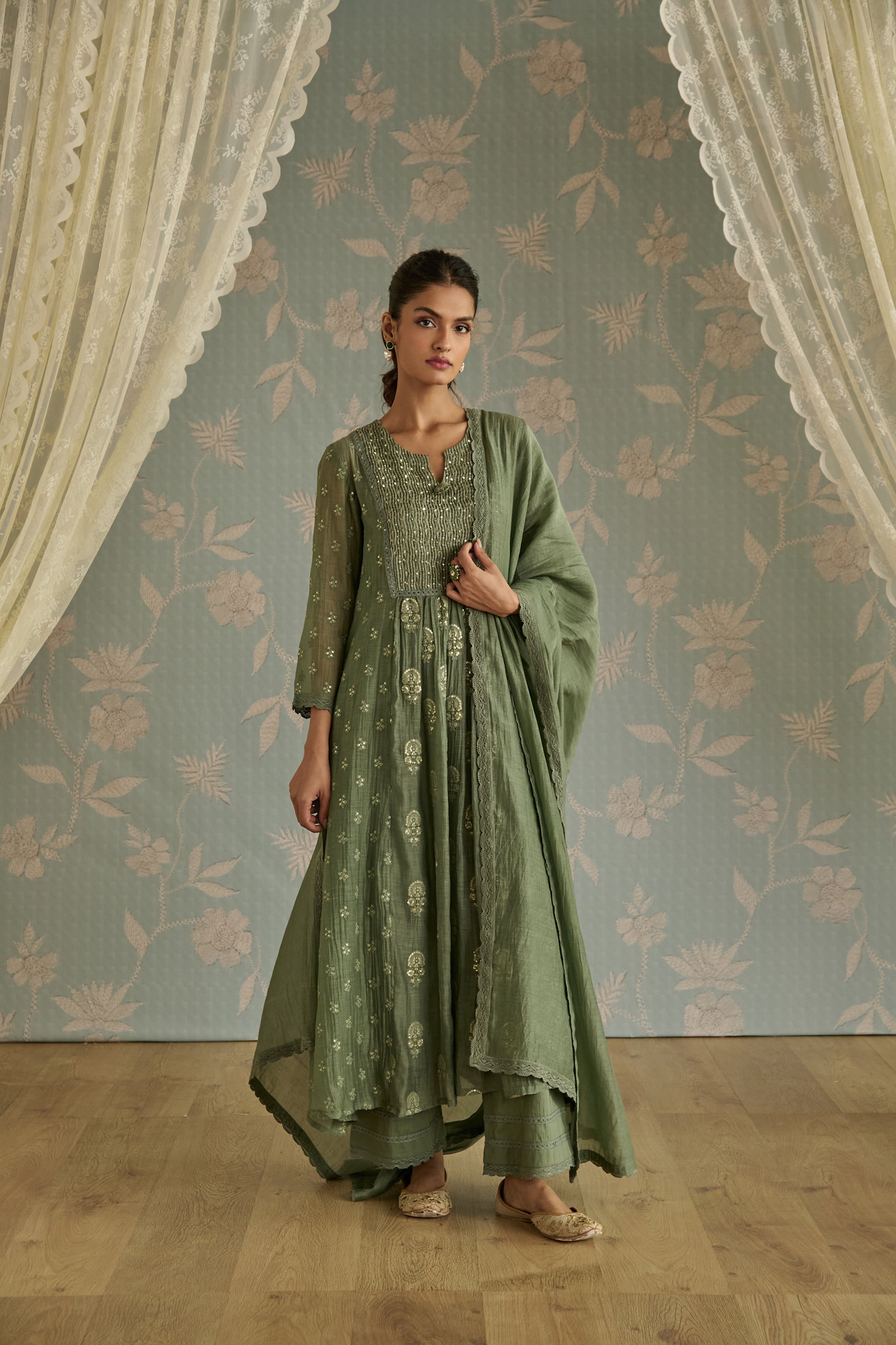 Green Floral Motif Embroidered A-Line Kurta Set