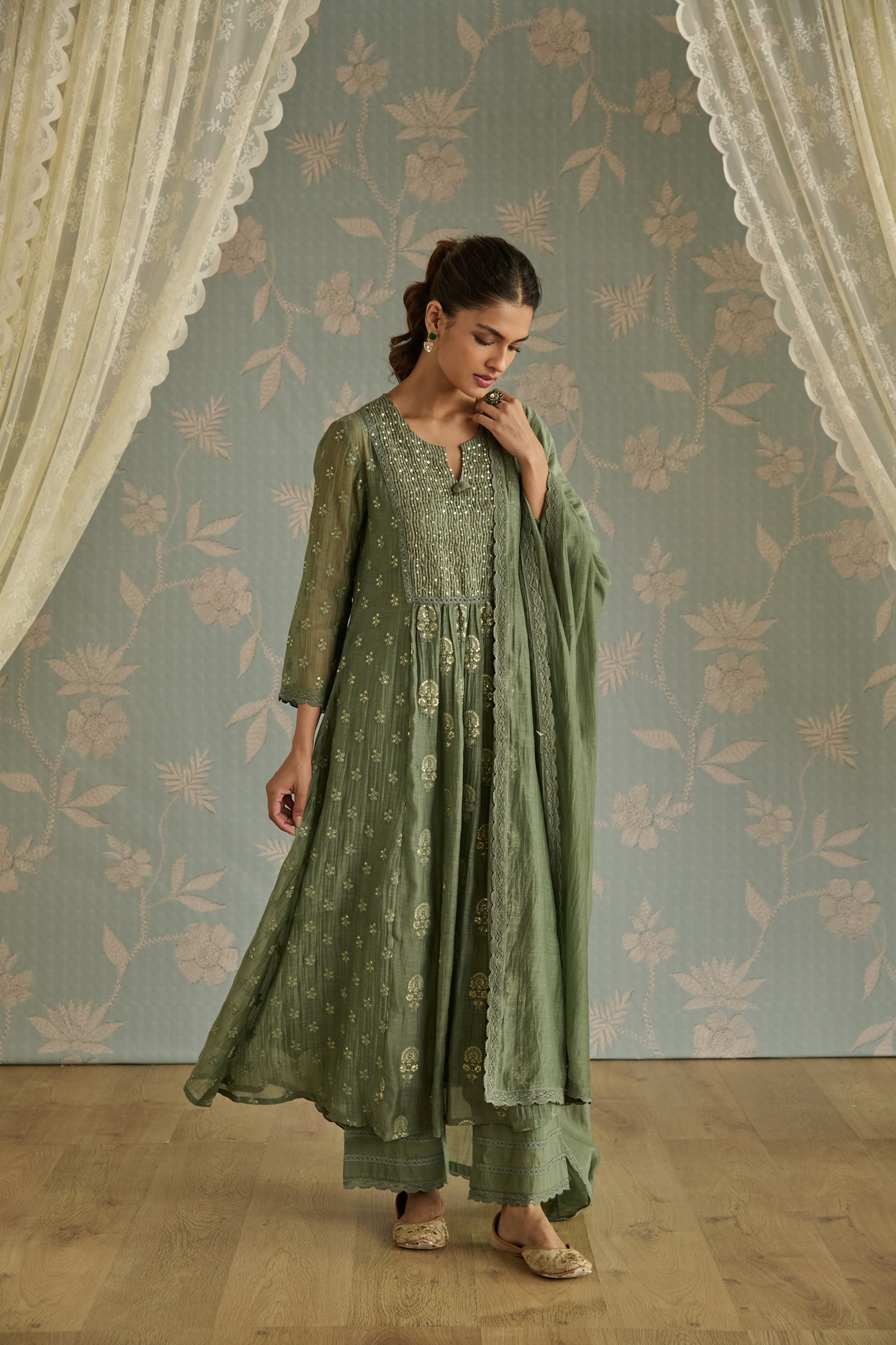 Green Floral Motif Embroidered A-Line Kurta Set