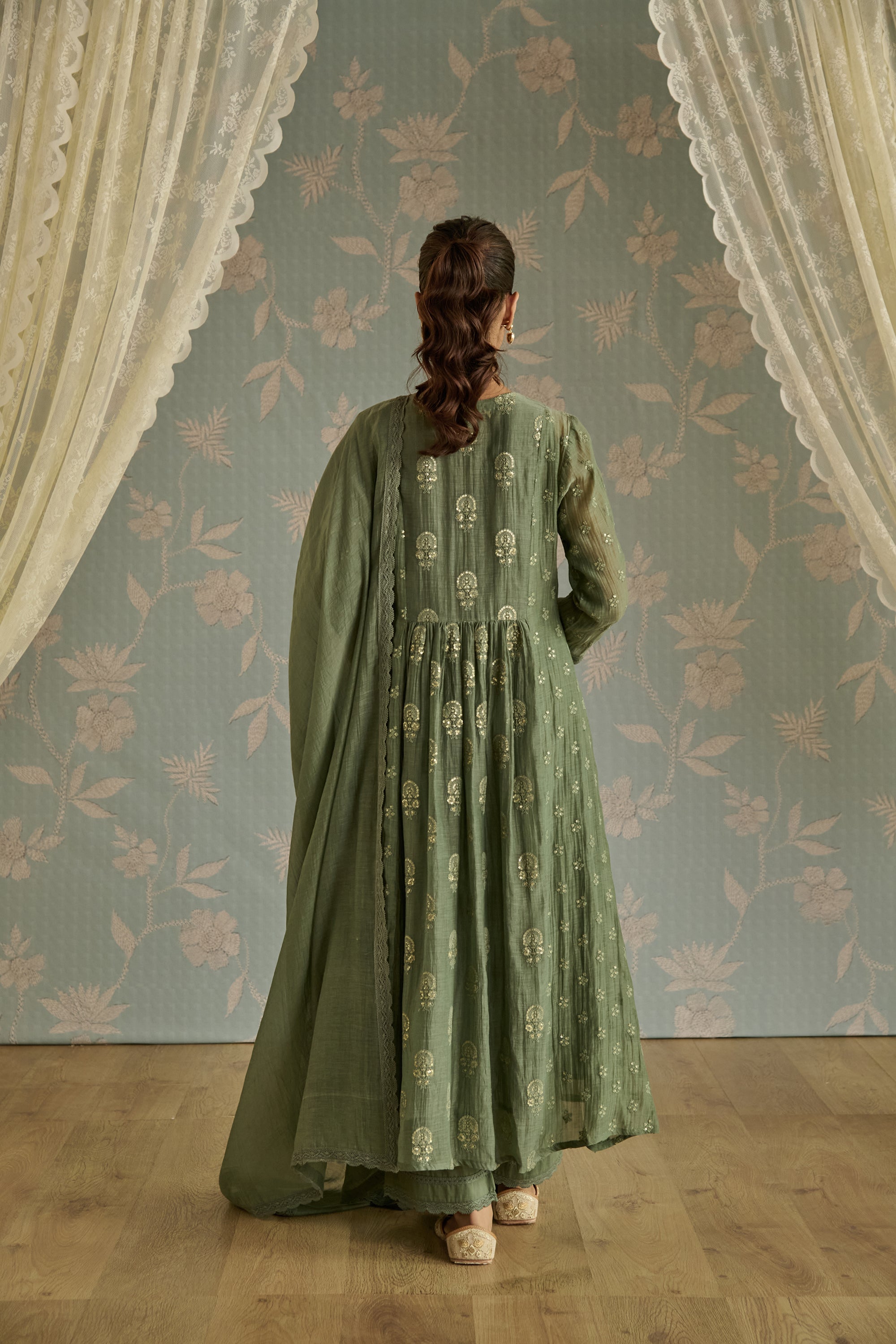 Green Floral Motif Embroidered A-Line Kurta Set