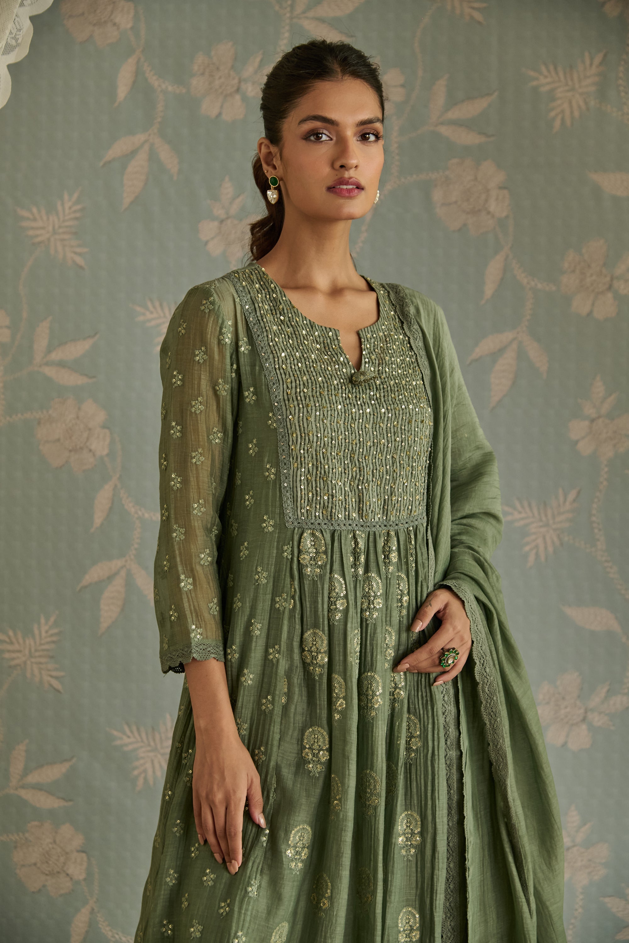 Green Floral Motif Embroidered A-Line Kurta Set