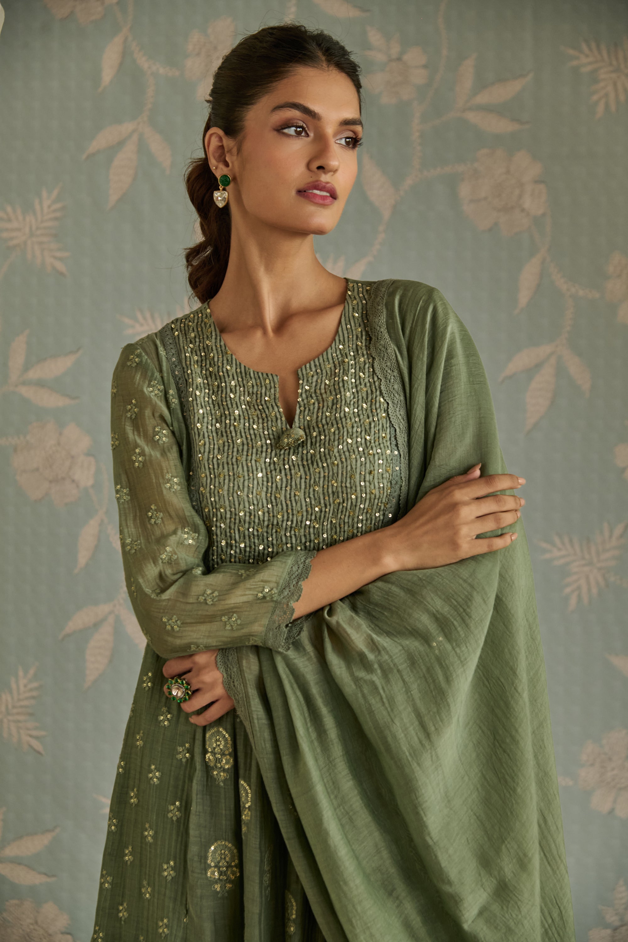 Green Floral Motif Embroidered A-Line Kurta Set
