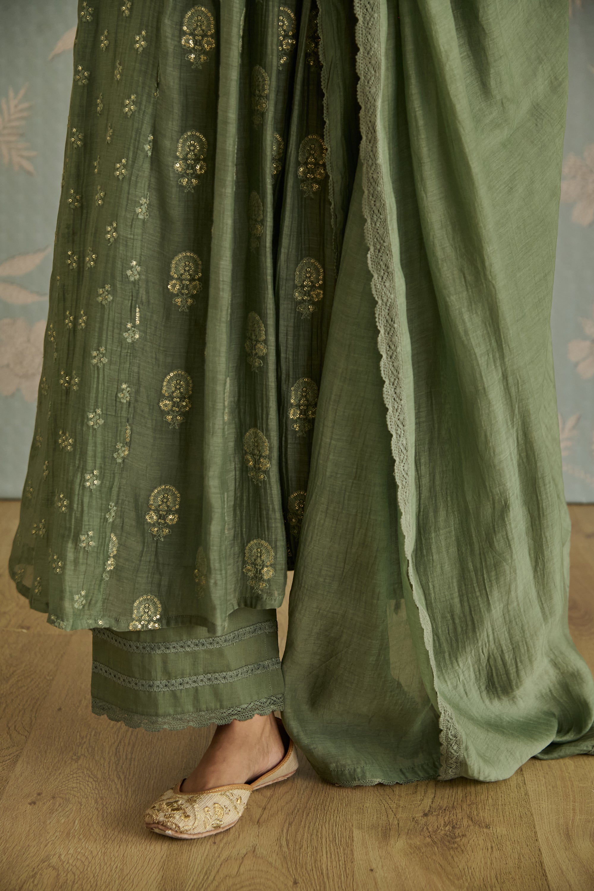 Green Floral Motif Embroidered A-Line Kurta Set