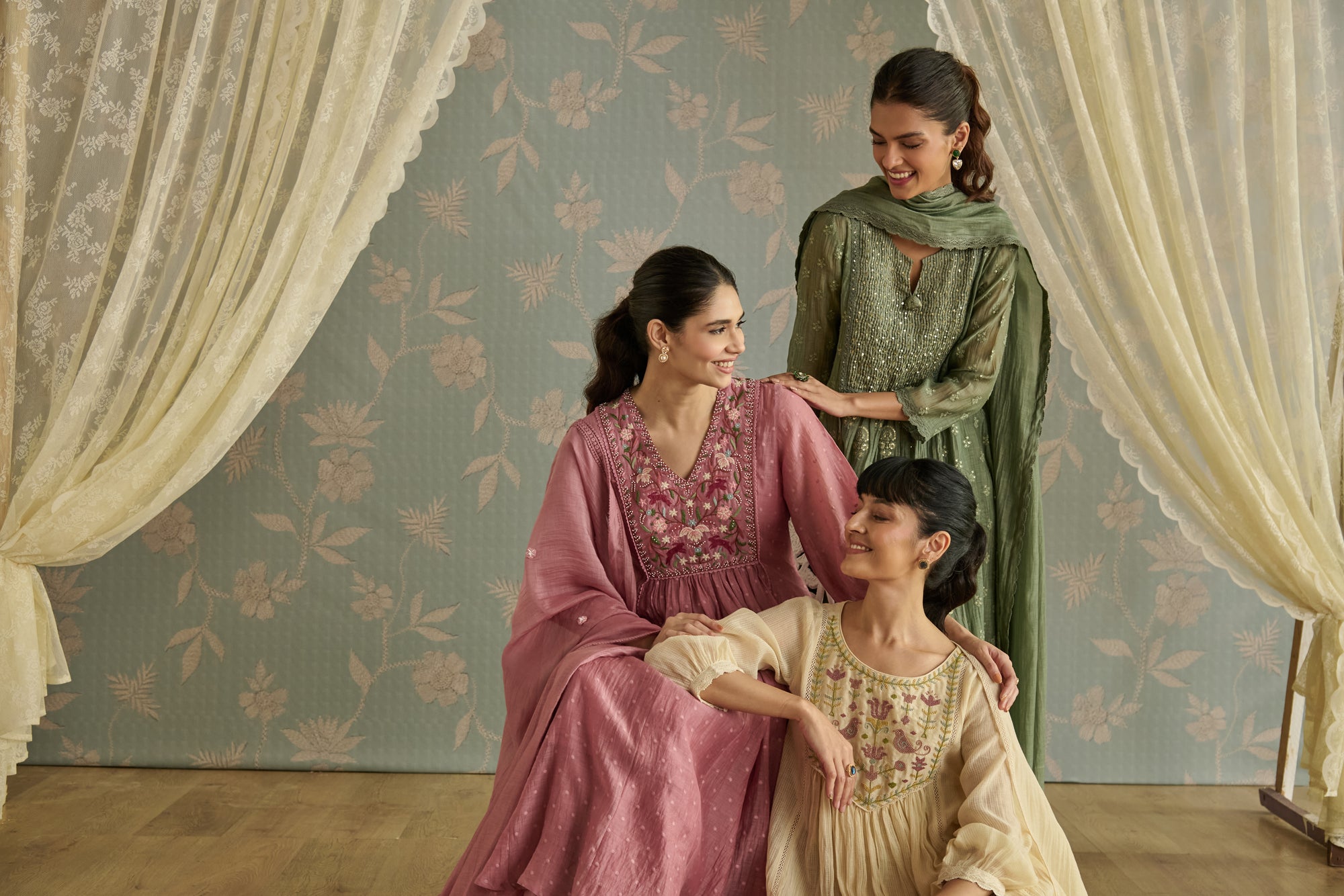 Green Floral Motif Embroidered A-Line Kurta Set