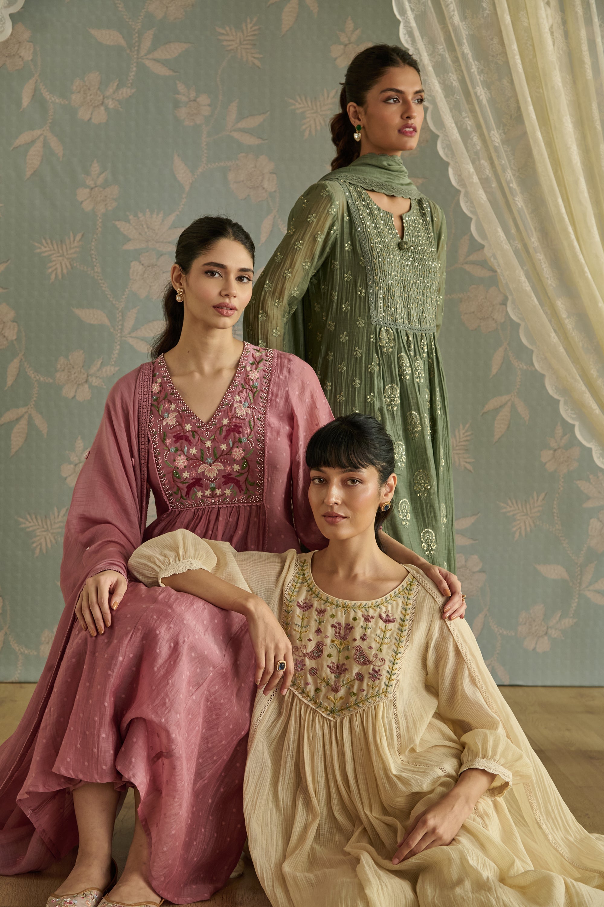 Green Floral Motif Embroidered A-Line Kurta Set