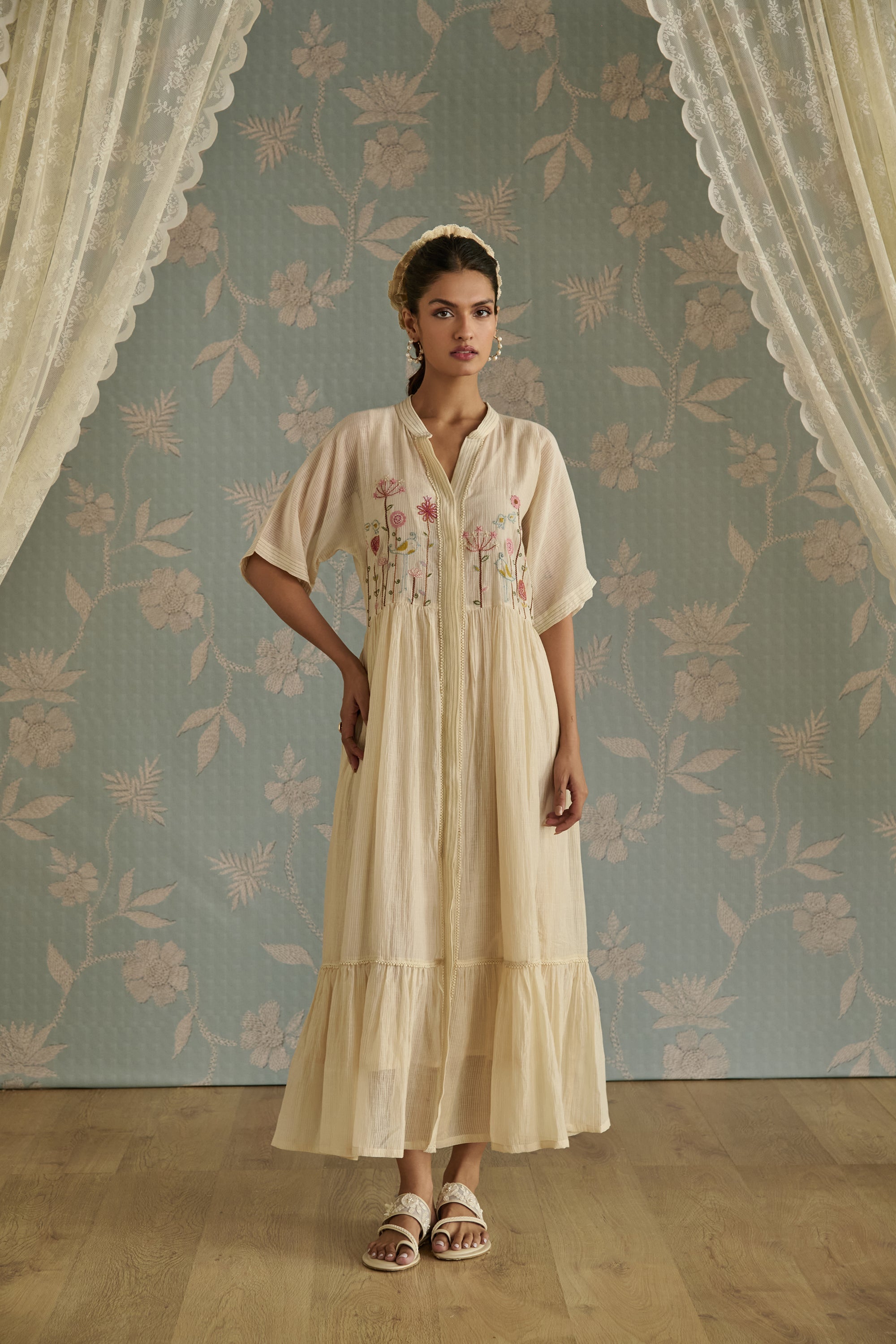 Ivory Hand Embroidered Front Open Tunic