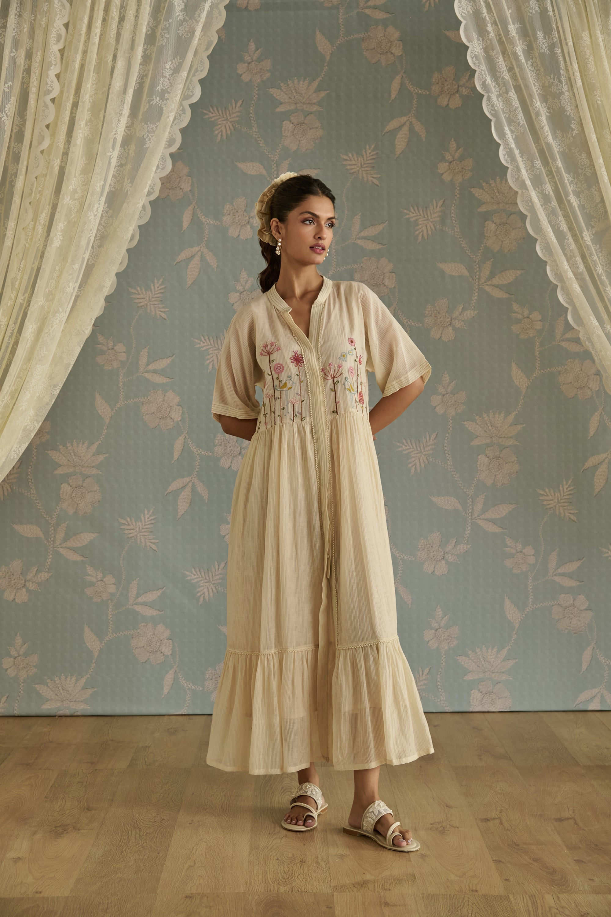 Ivory Hand Embroidered Front Open Tunic