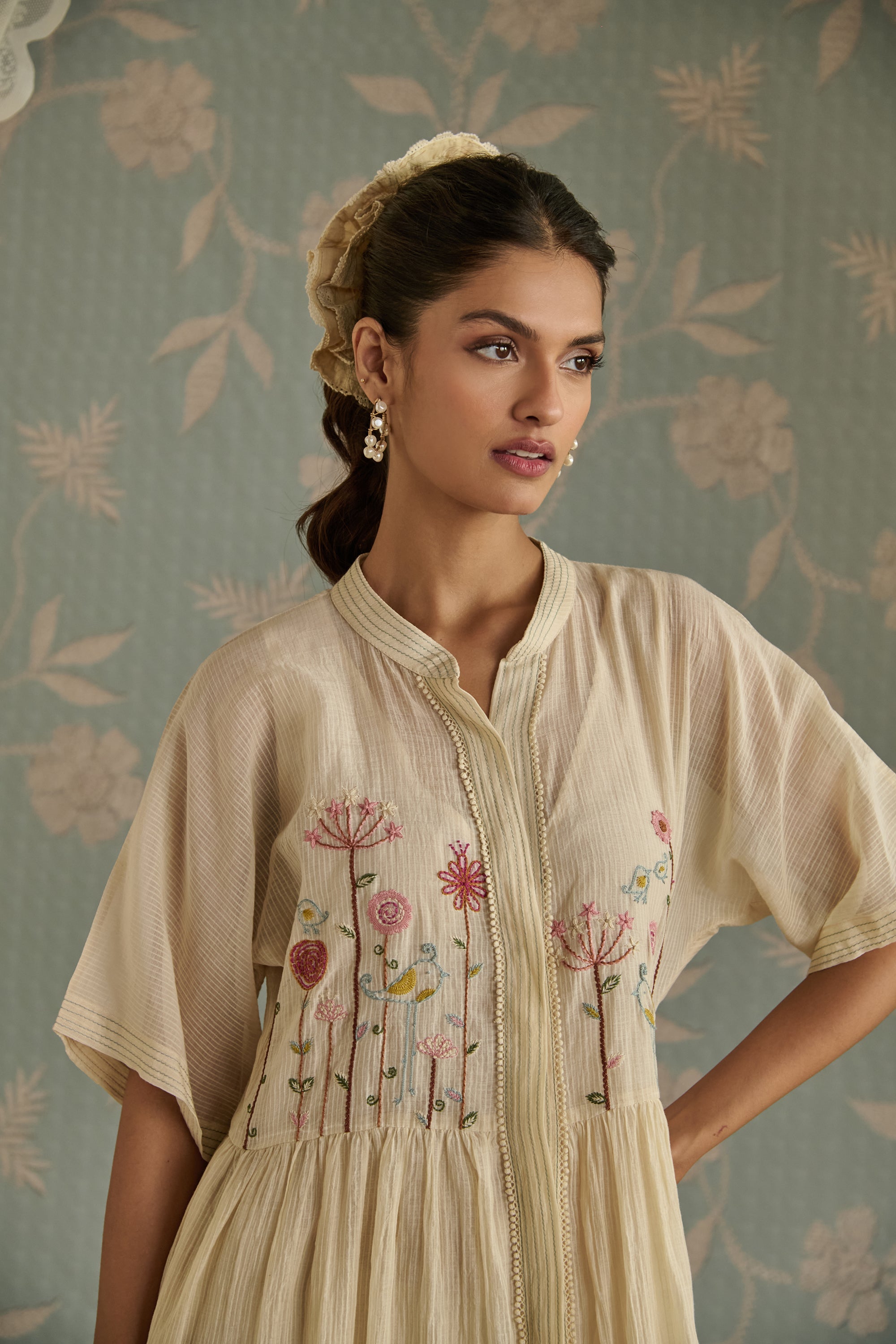 Ivory Hand Embroidered Front Open Tunic