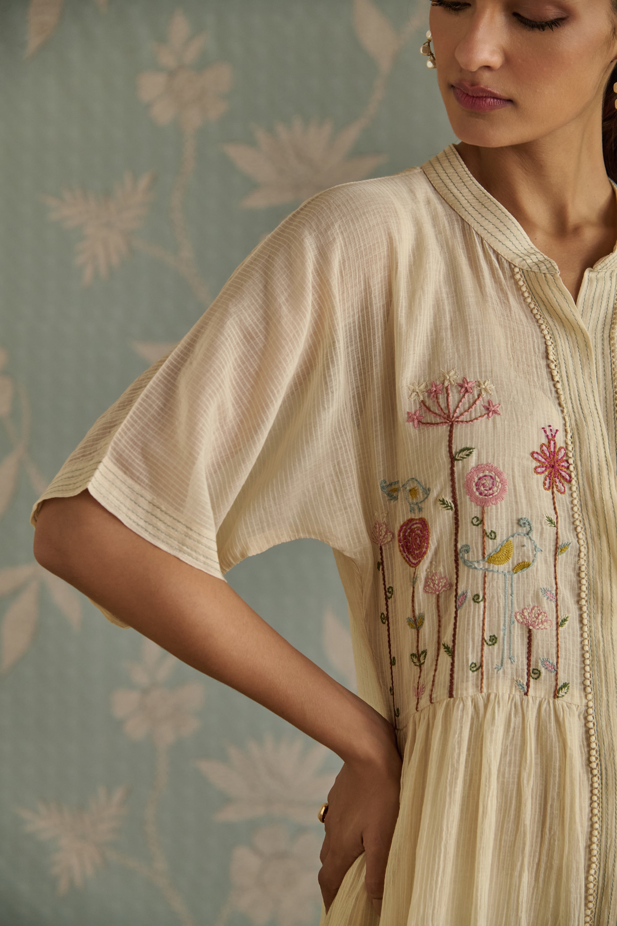 Ivory Hand Embroidered Front Open Tunic