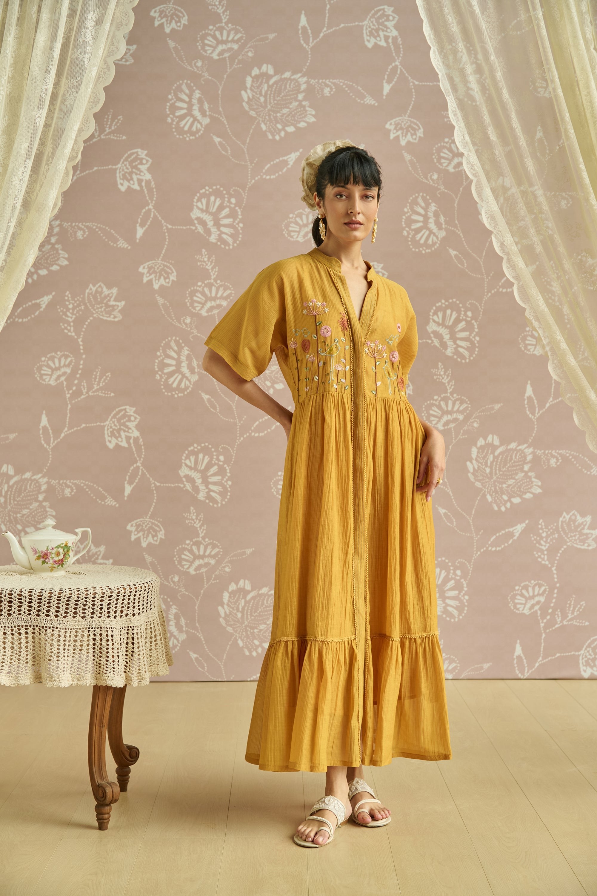 Yellow Hand Embroidered Front Open Tunic