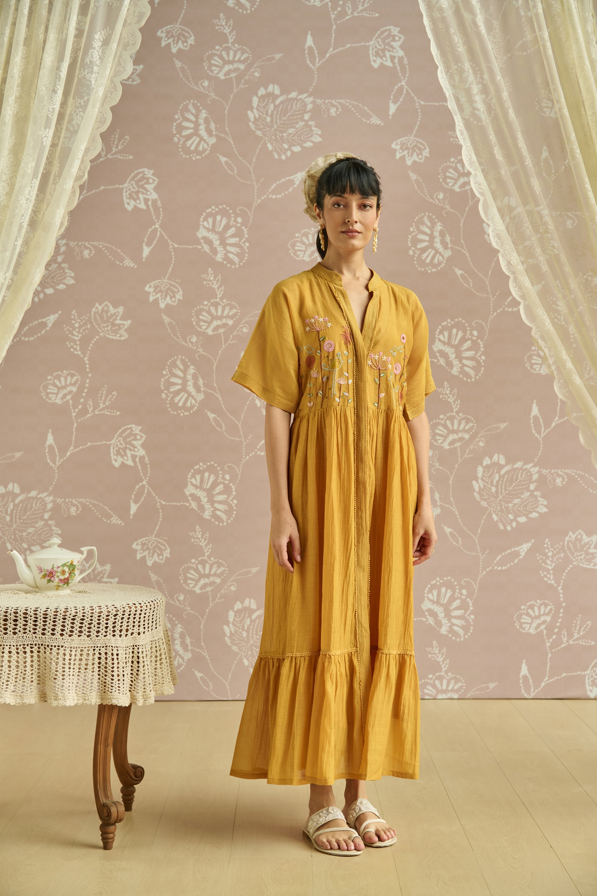 Yellow Hand Embroidered Front Open Tunic