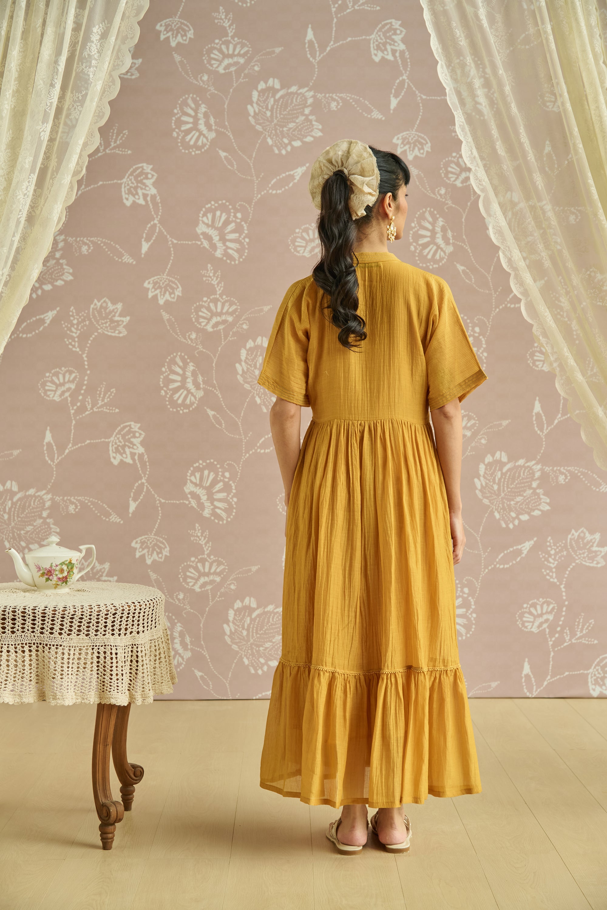 Yellow Hand Embroidered Front Open Tunic