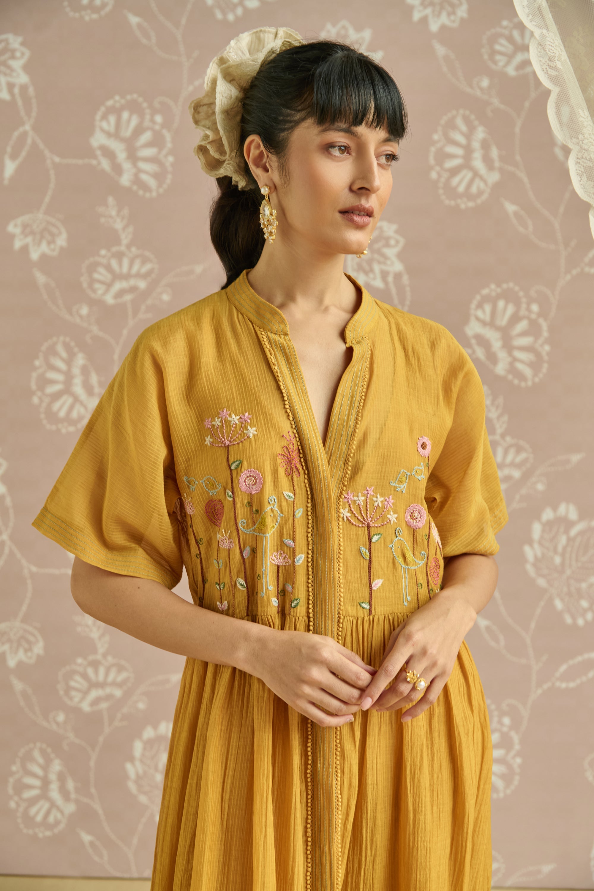 Yellow Hand Embroidered Front Open Tunic