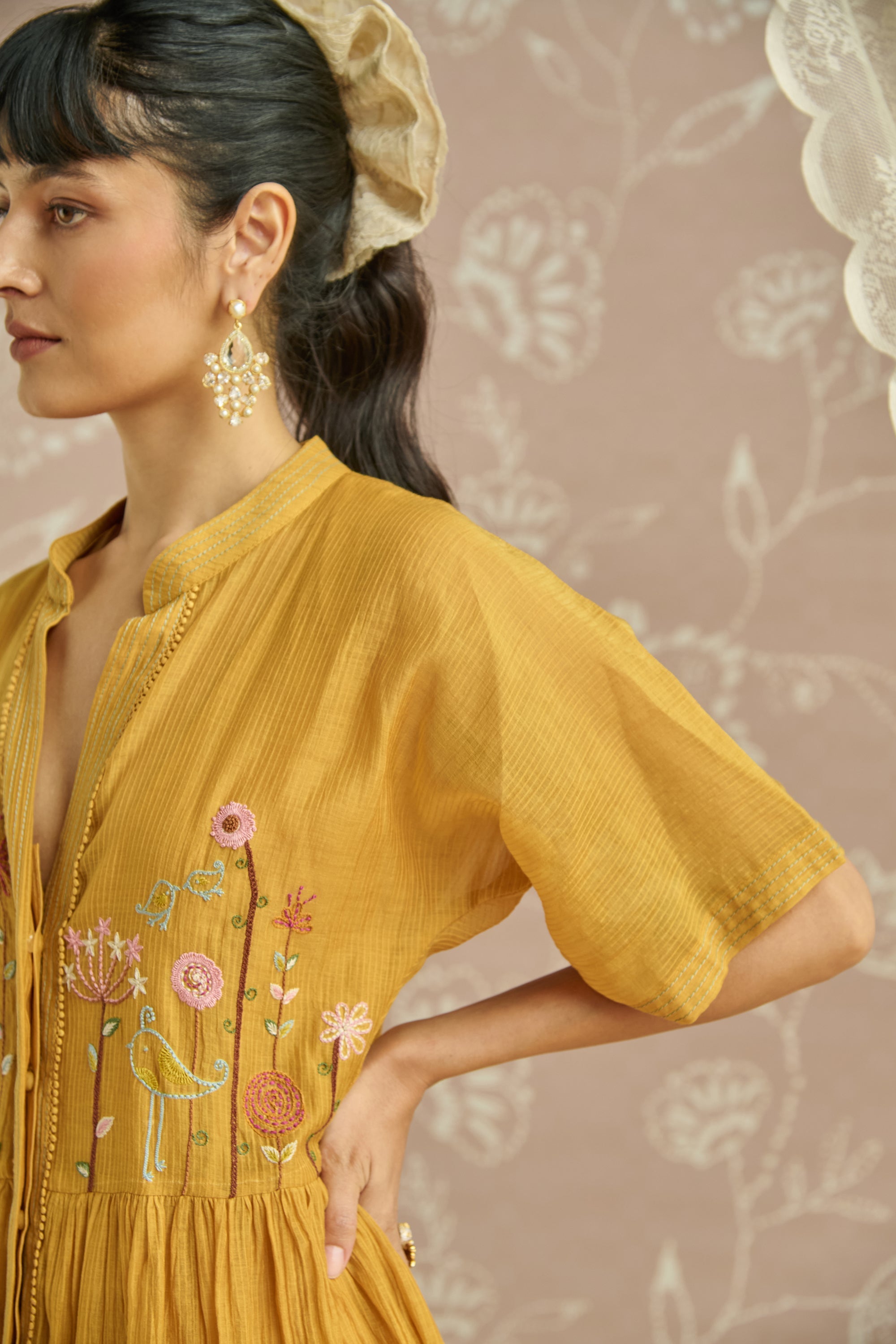 Yellow Hand Embroidered Front Open Tunic