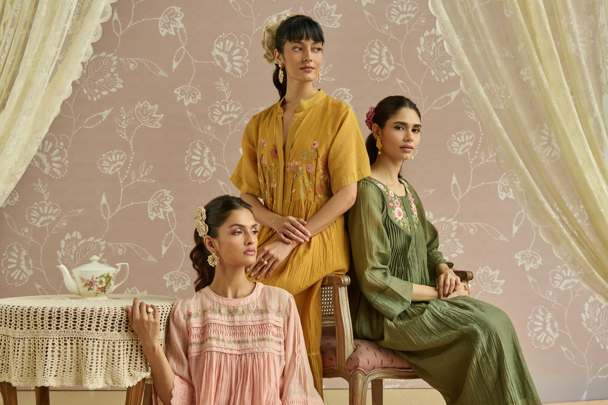Yellow Hand Embroidered Front Open Tunic