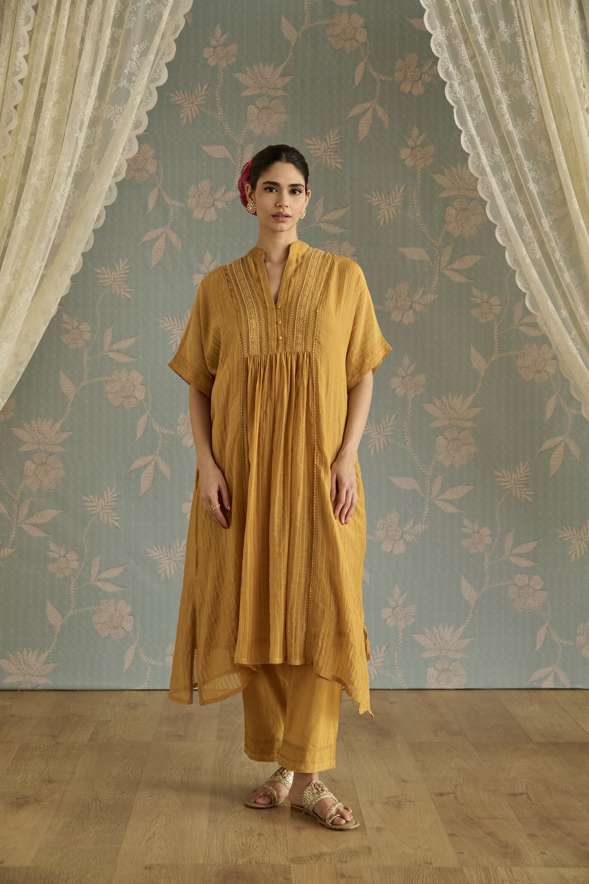Yellow Hand Embroidered Kaftaan Set